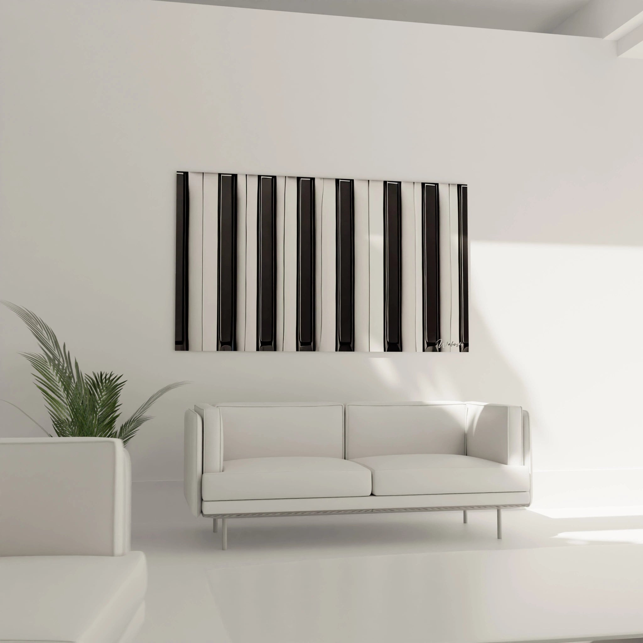 "Tableau piano moderne dans le salon. Contraste noir et blanc, lignes épurées, ajoutant une touche contemporaine et rythmée au décor au-dessus du canapé."