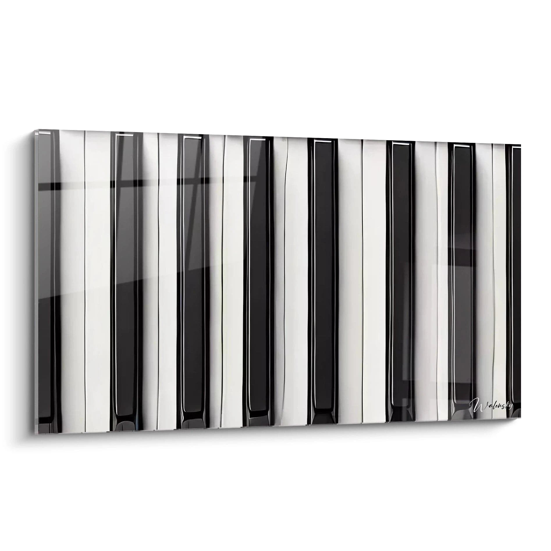 "Tableau minimaliste piano : une vue de biais capturant l'élégance des touches noires et blanches. Contraste net et géométrie raffinée pour une touche artistique intemporelle."