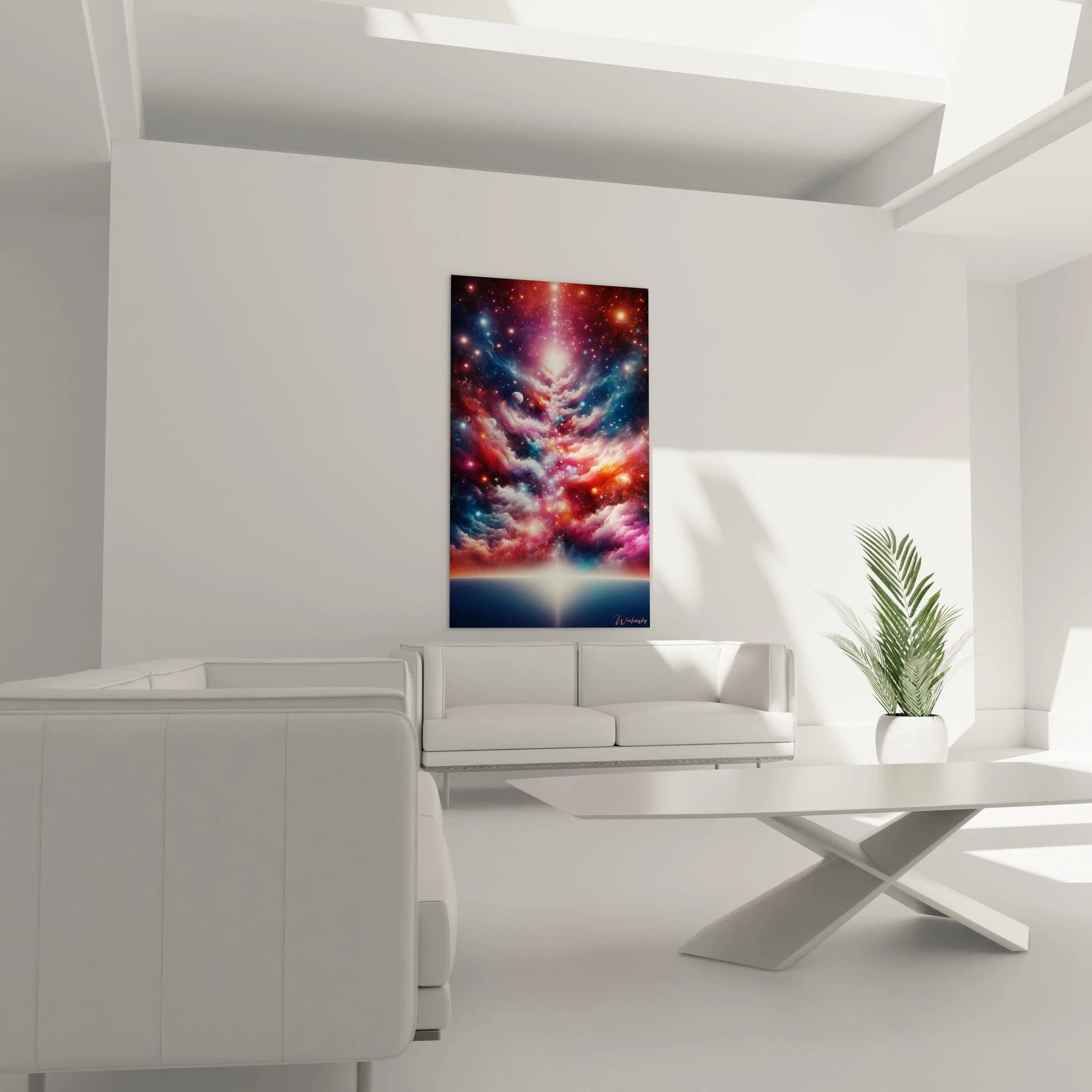 Un tableau abstrait de galaxie fantastique au crépuscule. Les couleurs principales sont magenta, bleu turquoise, orange cuivré et blanc lumineux. La texture montre des nuages cosmiques tourbillonnants qui s'élèvent d'un horizon obscur, parsemés d'étoiles et de planètes de différentes tailles, créant une composition verticale ascendante avec une concentration de lumière qui suggère un phénomène stellaire puissant.
