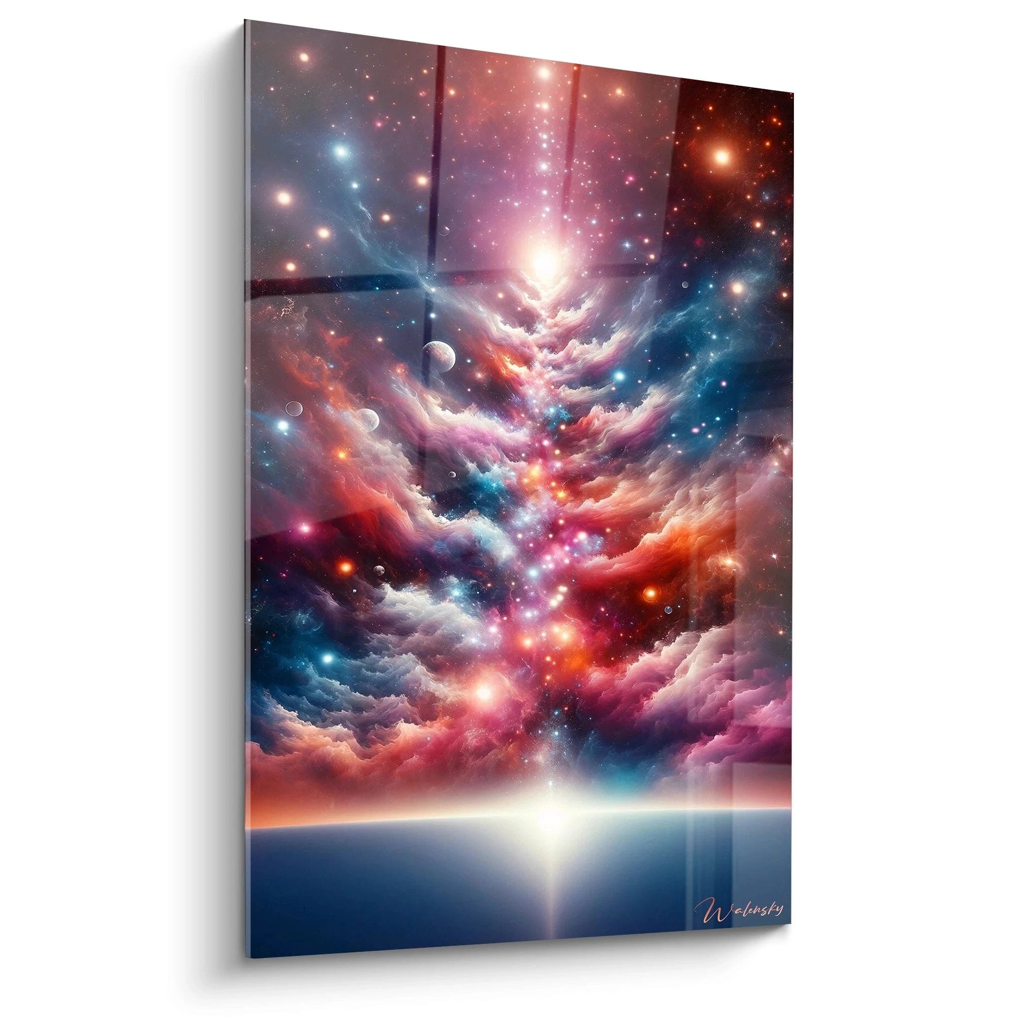 Un tableau abstrait de nébuleuse cosmique au-dessus d'un horizon. Dominé par des teintes rose magenta, bleu cobalt, orange ambré et blanc éclatant. La texture présente des formations nuageuses vaporeuses parsemées d'étoiles brillantes et de planètes, avec un point focal lumineux central qui rayonne à travers des voiles de matière cosmique colorée, se reflétant sur une surface horizontale sombre au bas.

