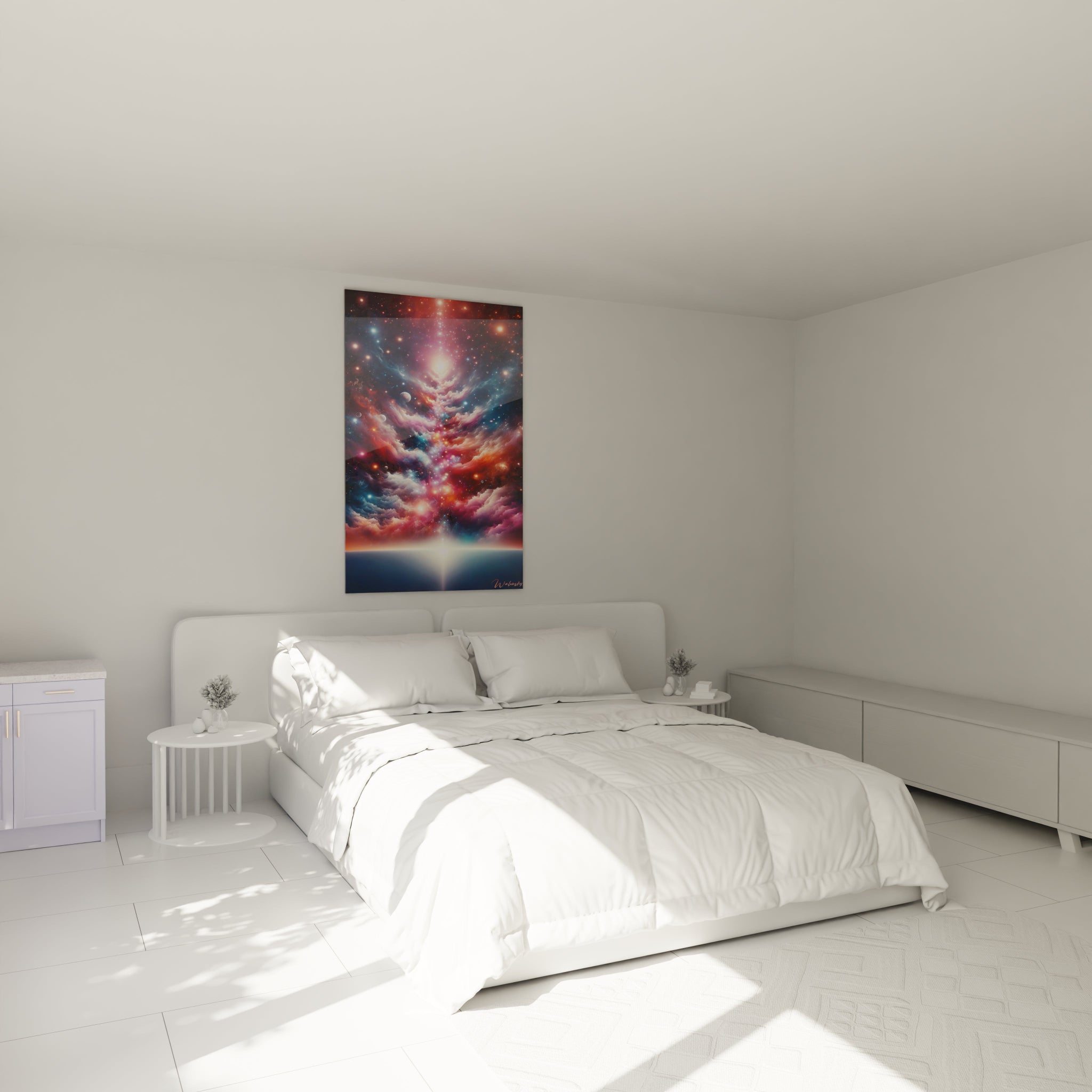 Un tableau abstrait d'univers stellaire avec horizon planétaire. La palette associe rouge cosmique, bleu nuit, violet pourpre et blanc stellaire. Les textures combinent masses nuageuses diffuses évoquant des gaz interstellaires et points lumineux d'intensités variées figurant des étoiles, avec quelques petites planètes visibles et une ligne d'horizon créant un ancrage terrestre sous le spectacle céleste.
