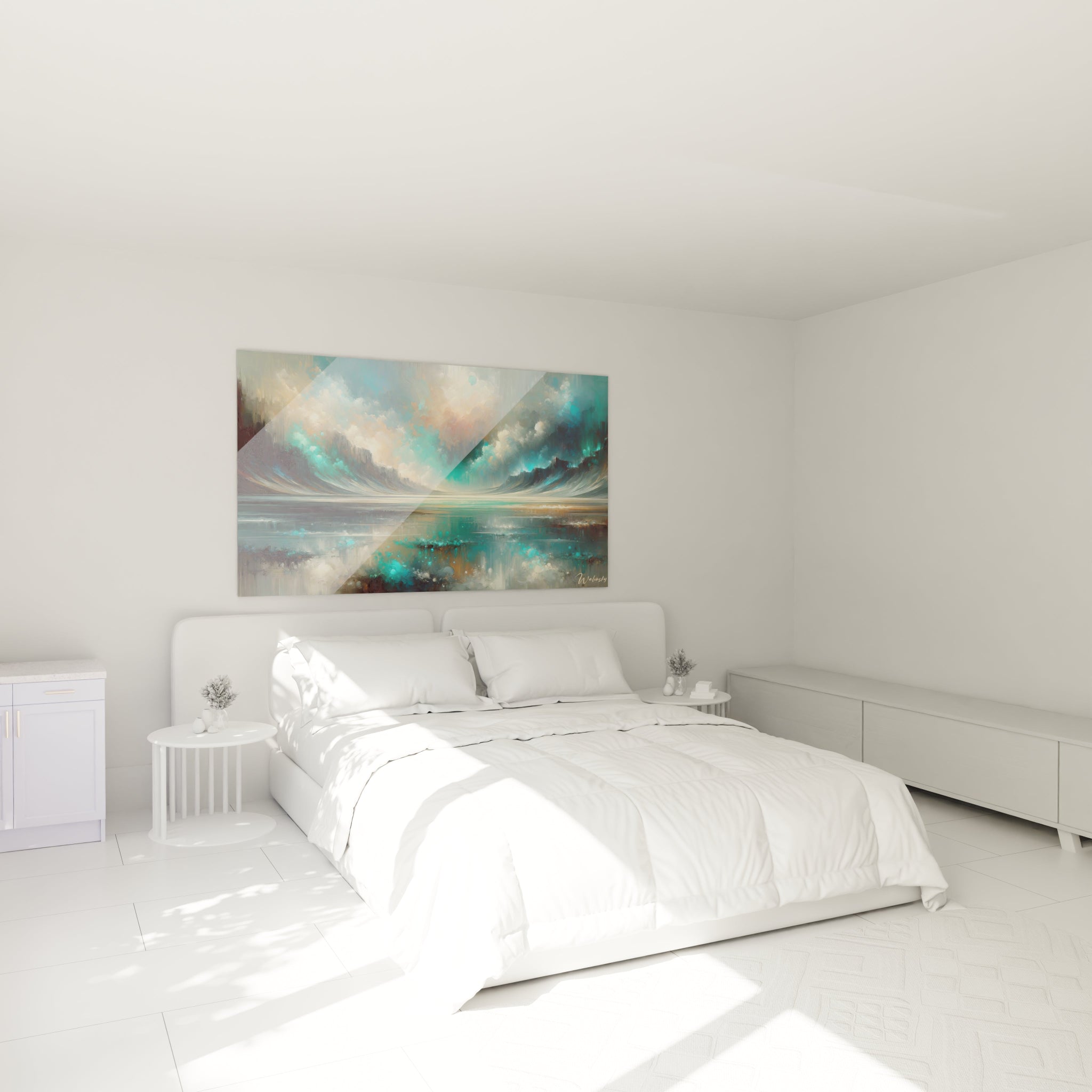 Un tableau abstrait de baie encadrée par des falaises brumeuses. La palette associe bleu turquoise, ambre, gris argenté et blanc. Les textures combinent mouvements verticaux évoquant des parois rocheuses et traits horizontaux pour l'eau miroitante, avec des nuages lumineux qui se reflètent dans la surface plane, créant un effet d'immensité et de profondeur.
