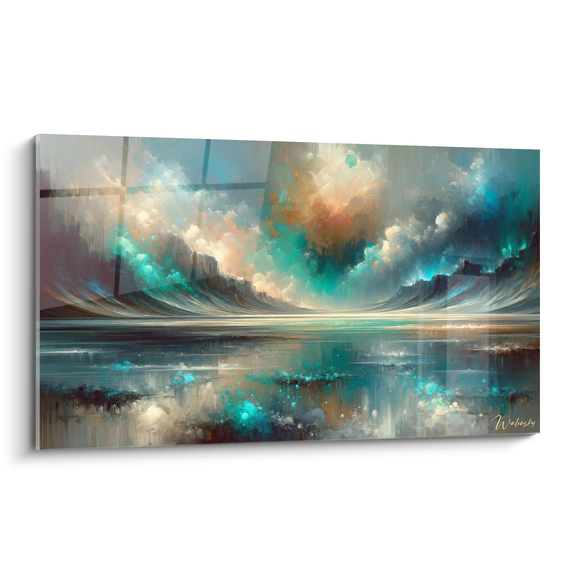 Un tableau abstrait de paysage marin avec ciel dramatique. Dominé par des teintes turquoise, bleu pétrole, beige doré et blanc nacré. La texture présente des coups de pinceau dynamiques formant des nuages tumultueux au-dessus d'un horizon cintré, avec une surface d'eau calme qui reflète le ciel, créant une symétrie parfaite entre le haut et le bas de la composition.
