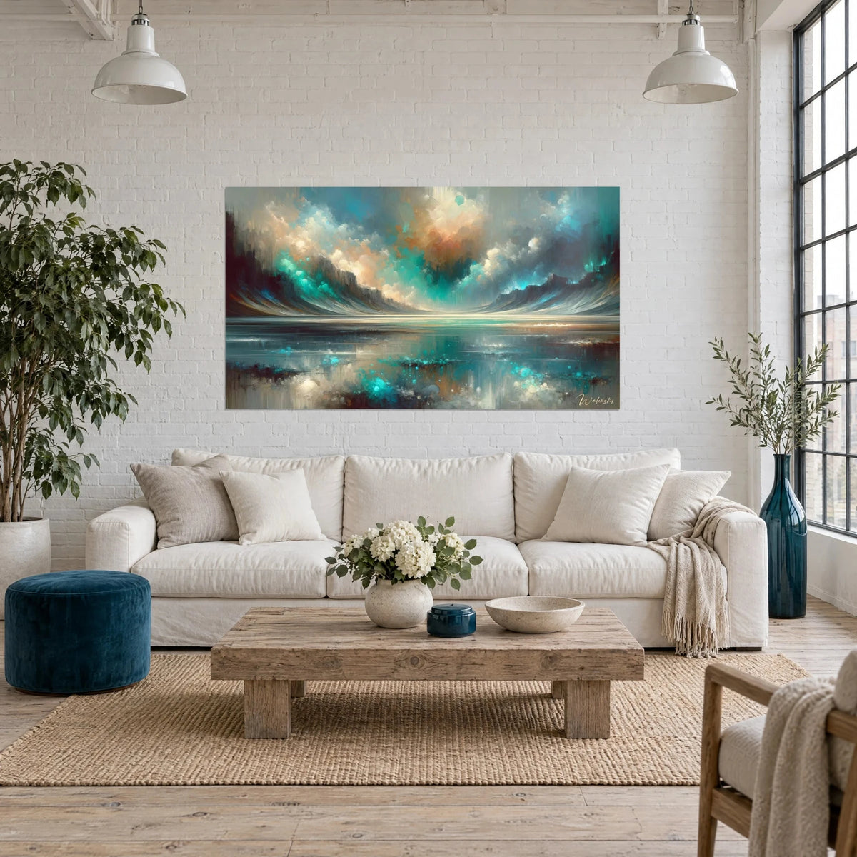 Quadro di nuvole turchesi e ocra su un orizzonte d'acqua specchiata, sopra un divano in un soggiorno luminoso