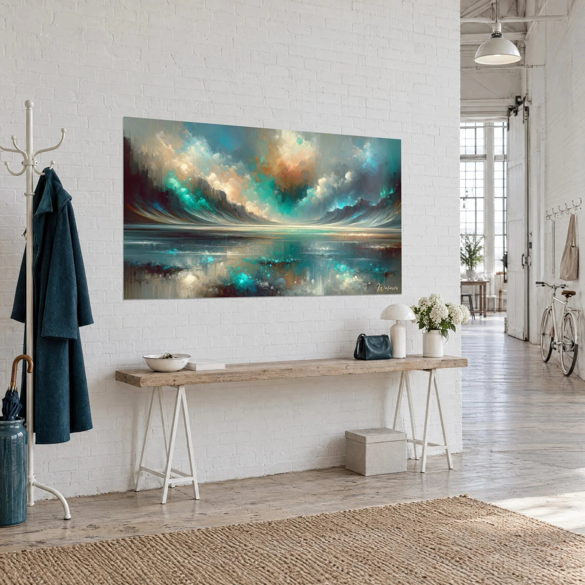 Quadro di cielo tempestoso dipinto a spatola, in turchese e sabbia, riflesso su un lago argentato, console in legno