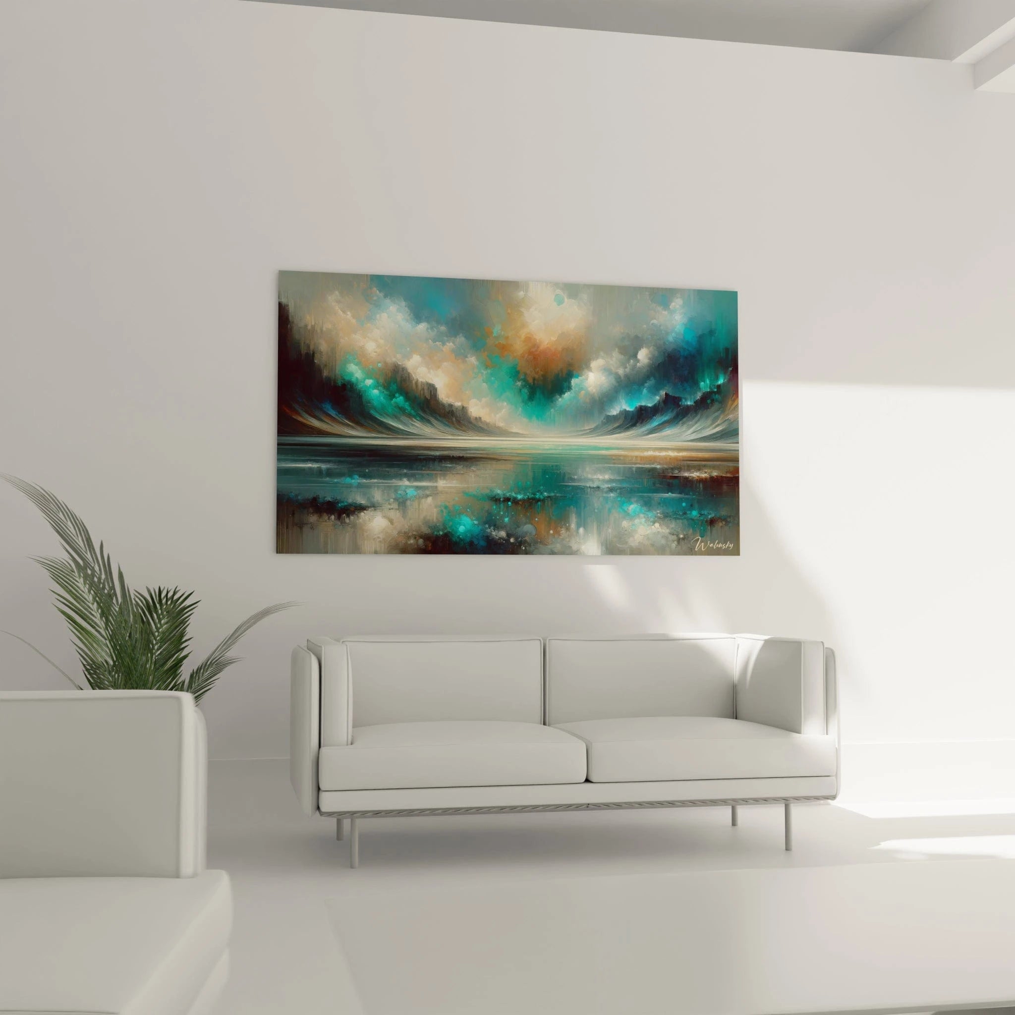 Un tableau abstrait d'horizon marin entre deux vagues. Les couleurs principales sont vert émeraude, bleu céleste, beige sable et blanc ivoire. La texture montre des formes courbes qui encadrent la scène comme deux vagues monumentales figées, laissant apparaître un ciel nuageux aux teintes chaudes qui se reflète dans l'étendue d'eau centrale plus calme.
