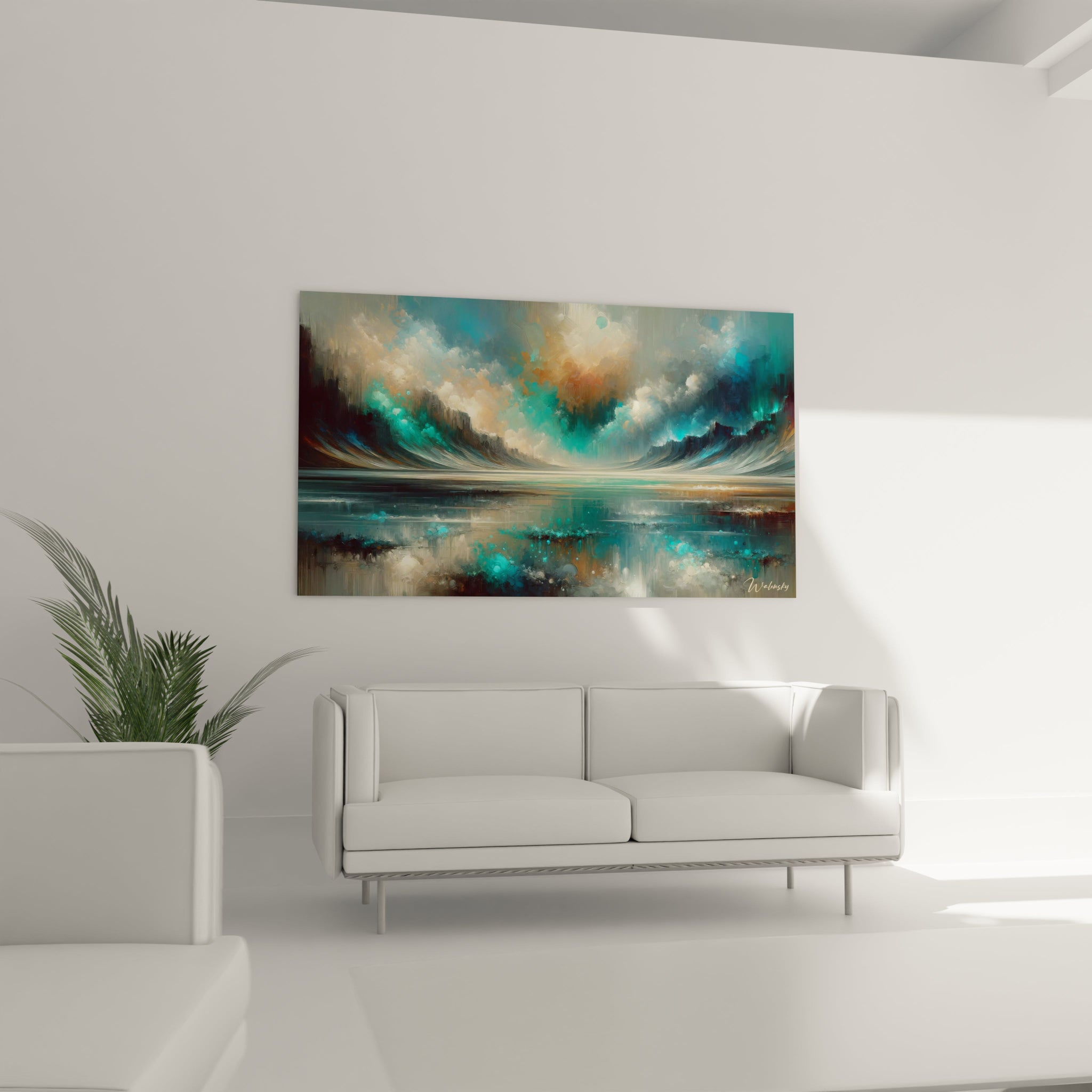 Un tableau abstrait d'horizon marin entre deux vagues. Les couleurs principales sont vert émeraude, bleu céleste, beige sable et blanc ivoire. La texture montre des formes courbes qui encadrent la scène comme deux vagues monumentales figées, laissant apparaître un ciel nuageux aux teintes chaudes qui se reflète dans l'étendue d'eau centrale plus calme.

