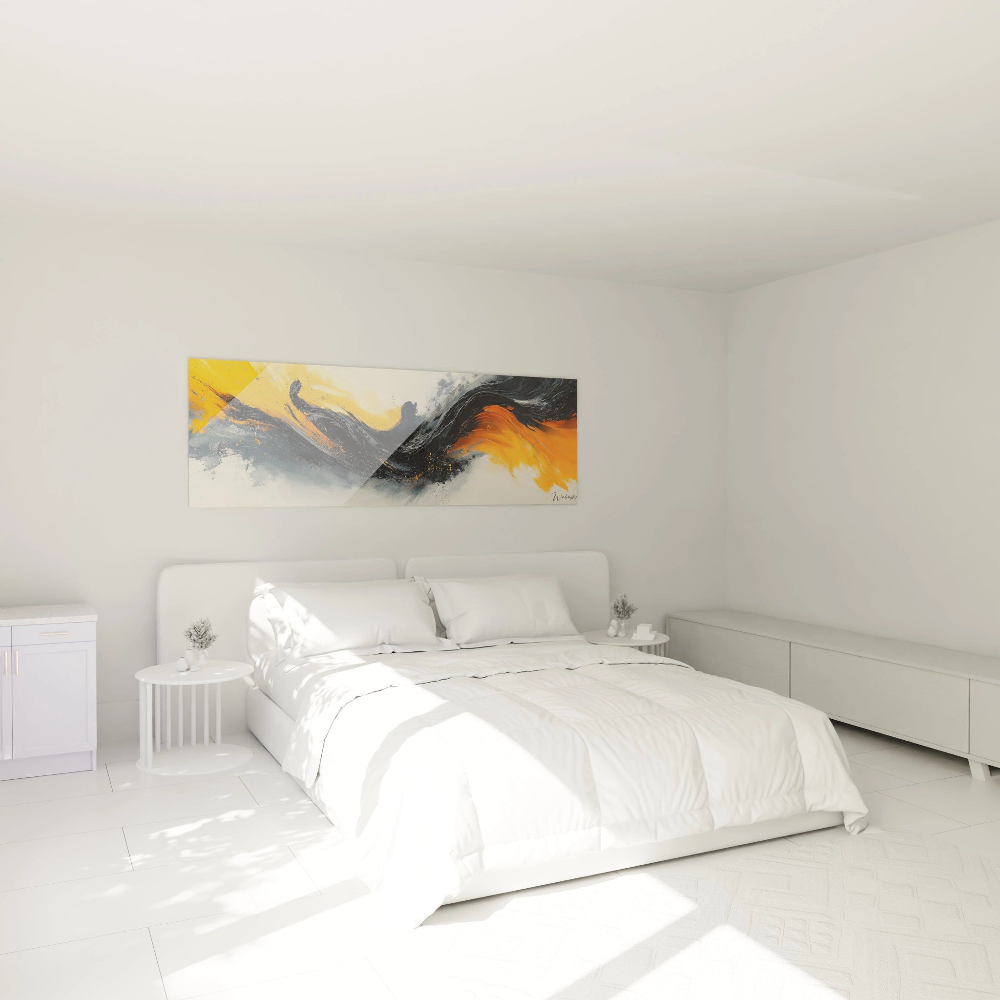 Tableau moderne abstrait Walensky avec des nuances de jaune et noir, idéal pour une décoration de chambre contemporaine