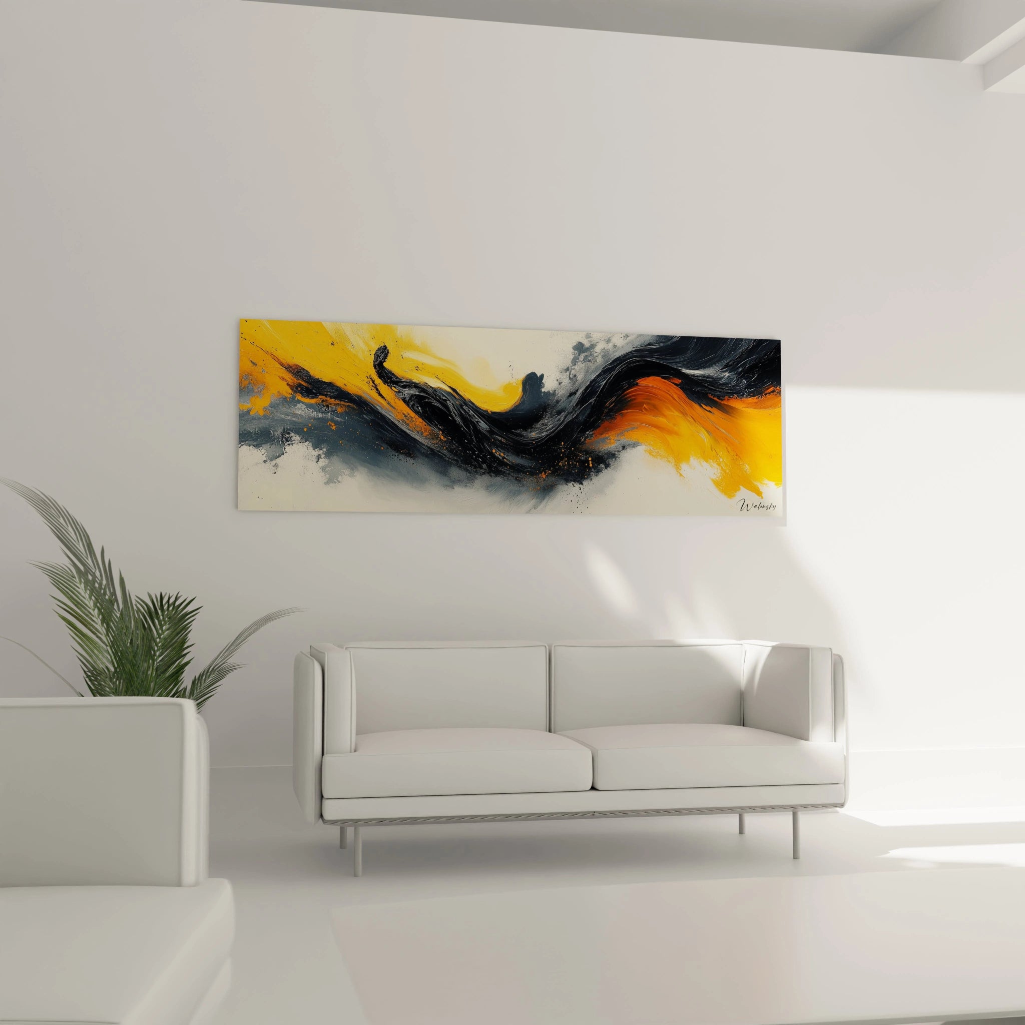 Tableau moderne abstrait de Walensky avec des couleurs jaunes, noires et orange pour décorer votre espace