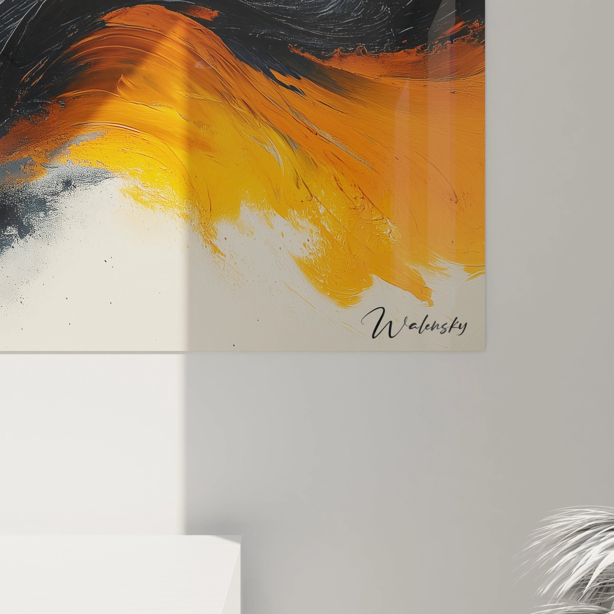 Tableau moderne abstrait de Walensky avec des nuances vives de noir, orange et blanc pour décoration contemporaine