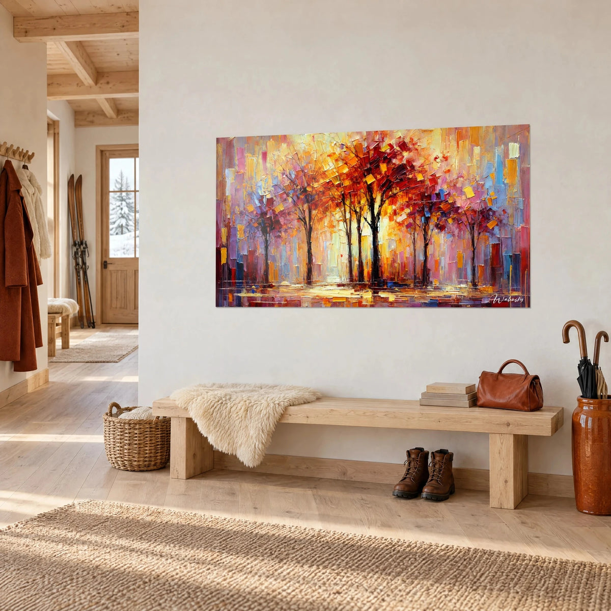 Wall art autumn undergrowth in orange and pink palette-knife strokes, hung above a wooden bench in the entrance of a chalet