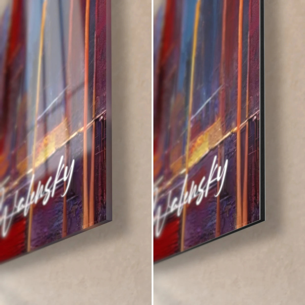 Wall art dark tree trunks beneath red and yellow foliage, bottom right corner: glossy glass on the left, matte Dibond on the right