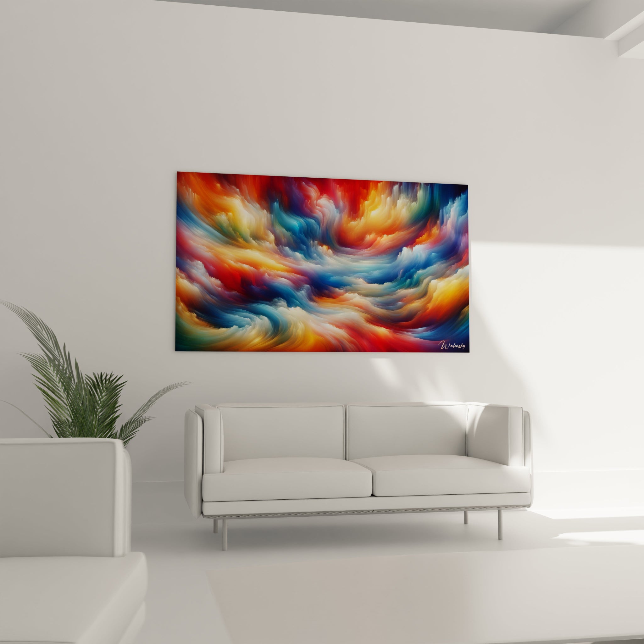 Tableau abstrait montrant un ciel imaginaire aux teintes intenses. Spectre chromatique alliant bleu turquoise, rouge orangé, jaune soleil et blanc lumineux. Effet visuel de nuées vaporeuses avec mouvements tourbillonnants et strates colorées. Composition horizontale de masses fluides entrelacées créant une sensation de ciel tumultueux aux couleurs surnaturelles.
