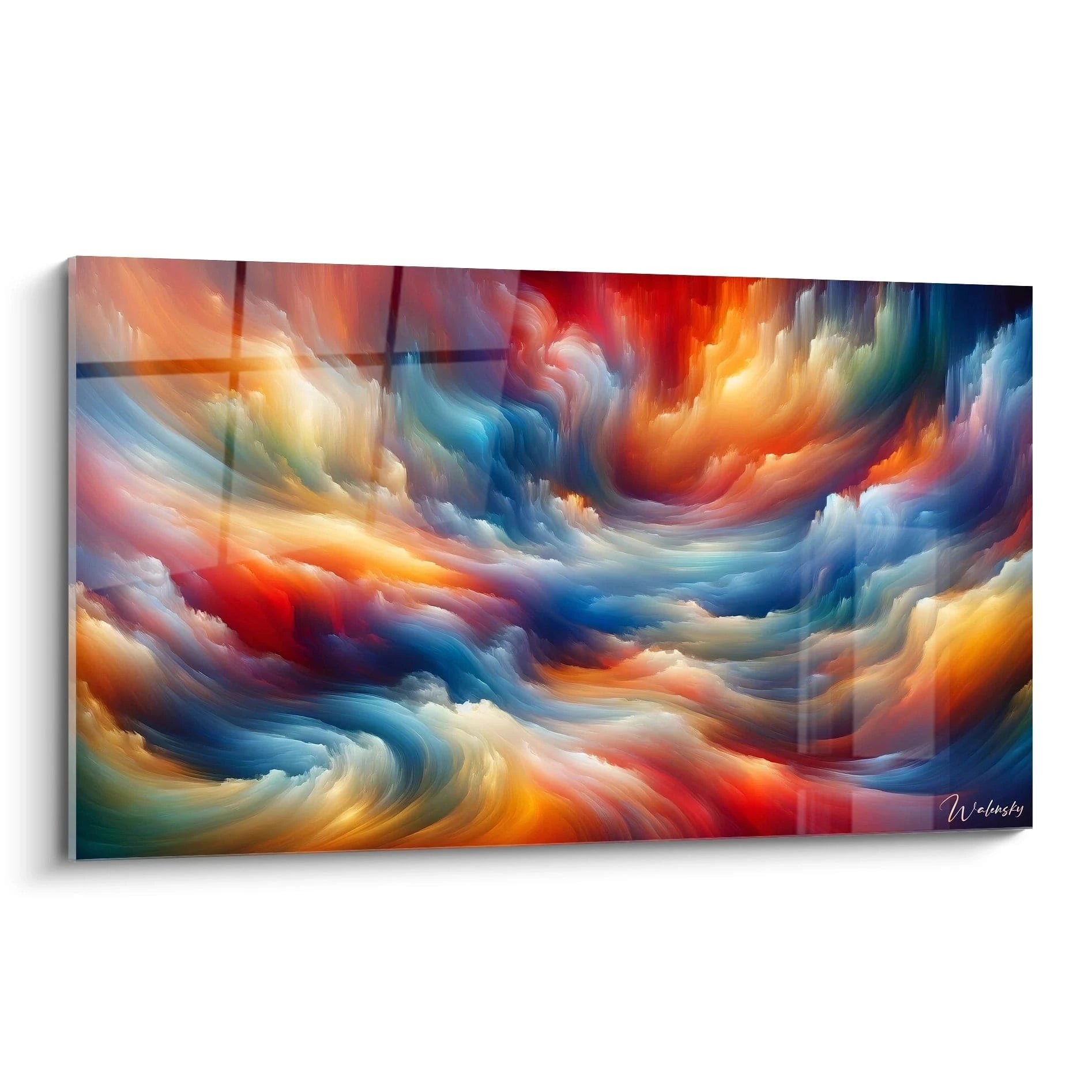 Tableau abstrait représentant des vagues colorées en mouvement fluide. Composition dynamique de traînées ondulantes aux couleurs contrastées. Palette vibrante de bleu cobalt, rouge écarlate, orange doré et blanc crémeux. Texture lisse évoquant des courants nuageux avec transitions douces entre les teintes créant un effet de profondeur et de mouvement perpétuel.
