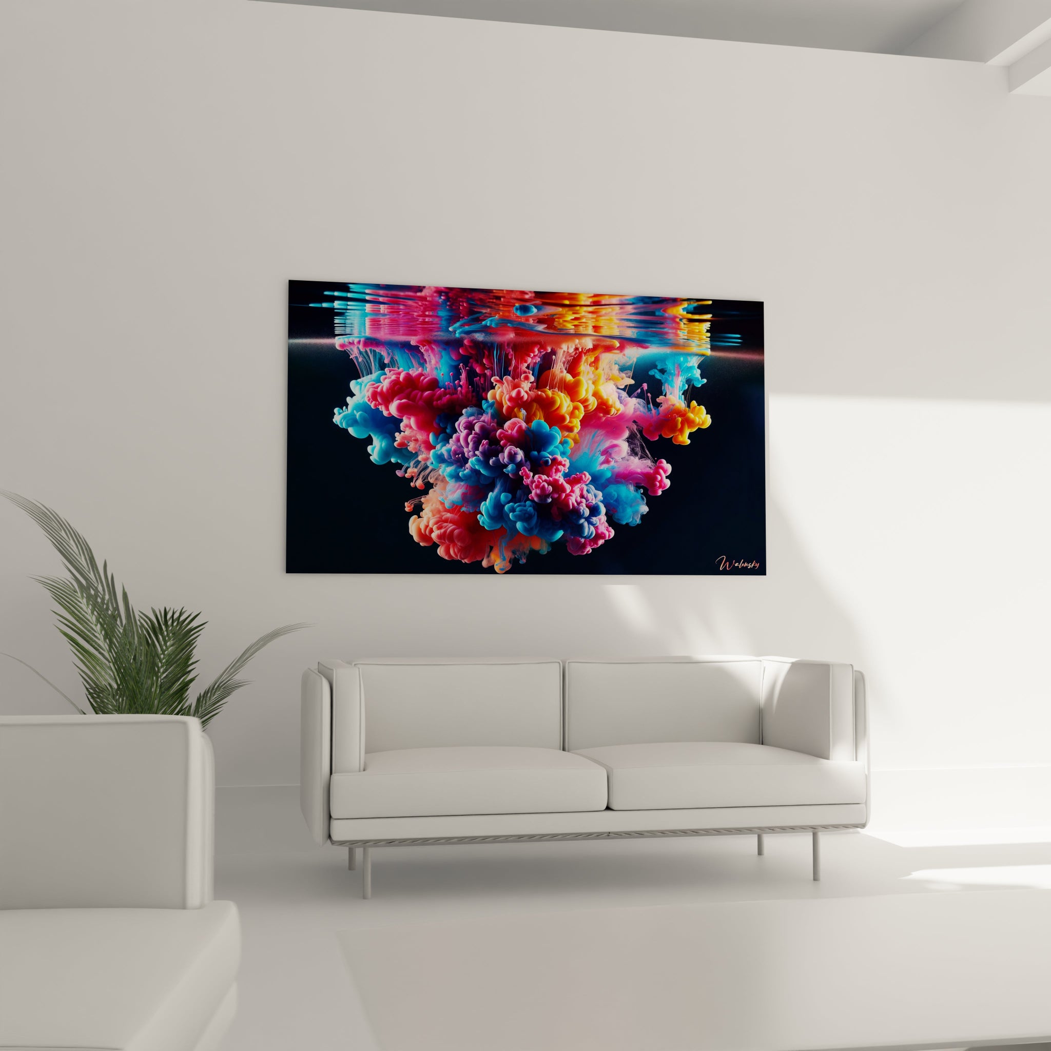 Tableau abstrait montrant des nuages de couleurs en dissolution sous l'eau. Spectre chromatique éclatant alliant bleu électrique, rose vif, violet et orange sur fond noir profond. Effet visuel de densité avec formes organiques semblables à des champignons ou méduses colorées. Composition avec ligne de flottaison visible et réverbérations colorées à la surface de l'eau.
