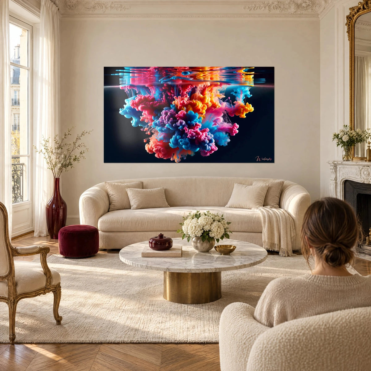 Tableau nuage d'encre rose et bleu plongeant sous l'eau, reflets orangés en surface, au-dessus d'un canapé dans un salon lumineux