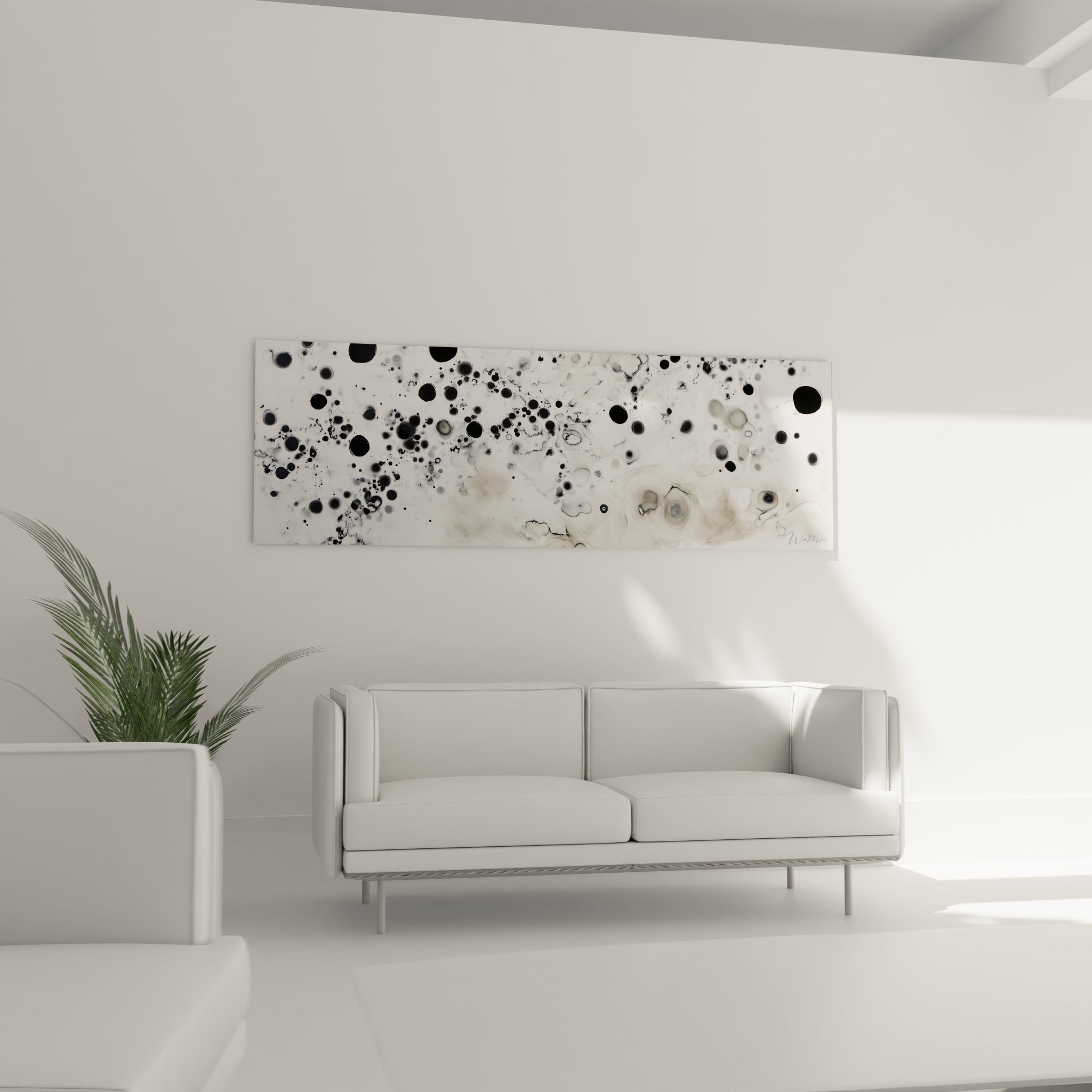 Tableau tacheté noir et blanc de Walensky décorant un salon moderne avec canapé blanc