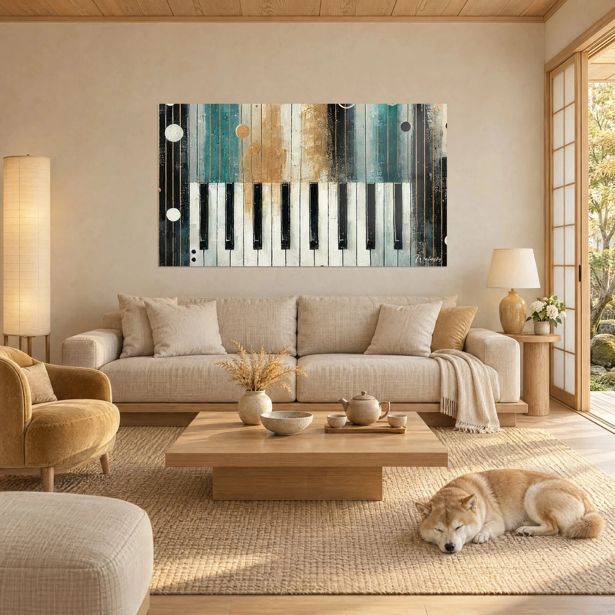 Gemälde stilisierte Klaviertastatur in Entenblau und Goldocker, Elfenbein- und Ebenholztasten, schlafender Shiba über einem Sofa in einem hellen Wohnzimmer