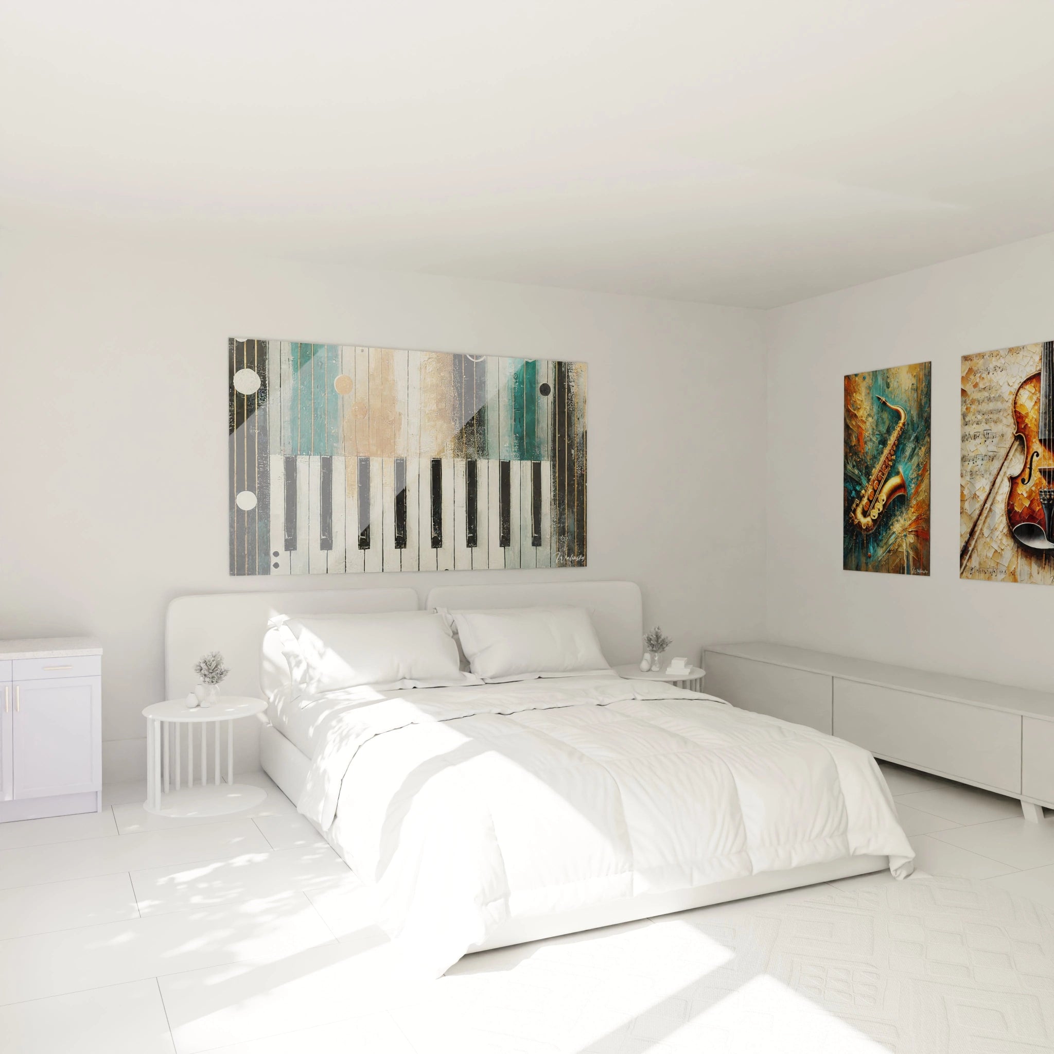 Apportez une touche musicale et artistique à votre chambre avec 'Symphonie en Abstraction'. Ce tableau ajoute élégance et texture à votre espace au-dessus du lit."