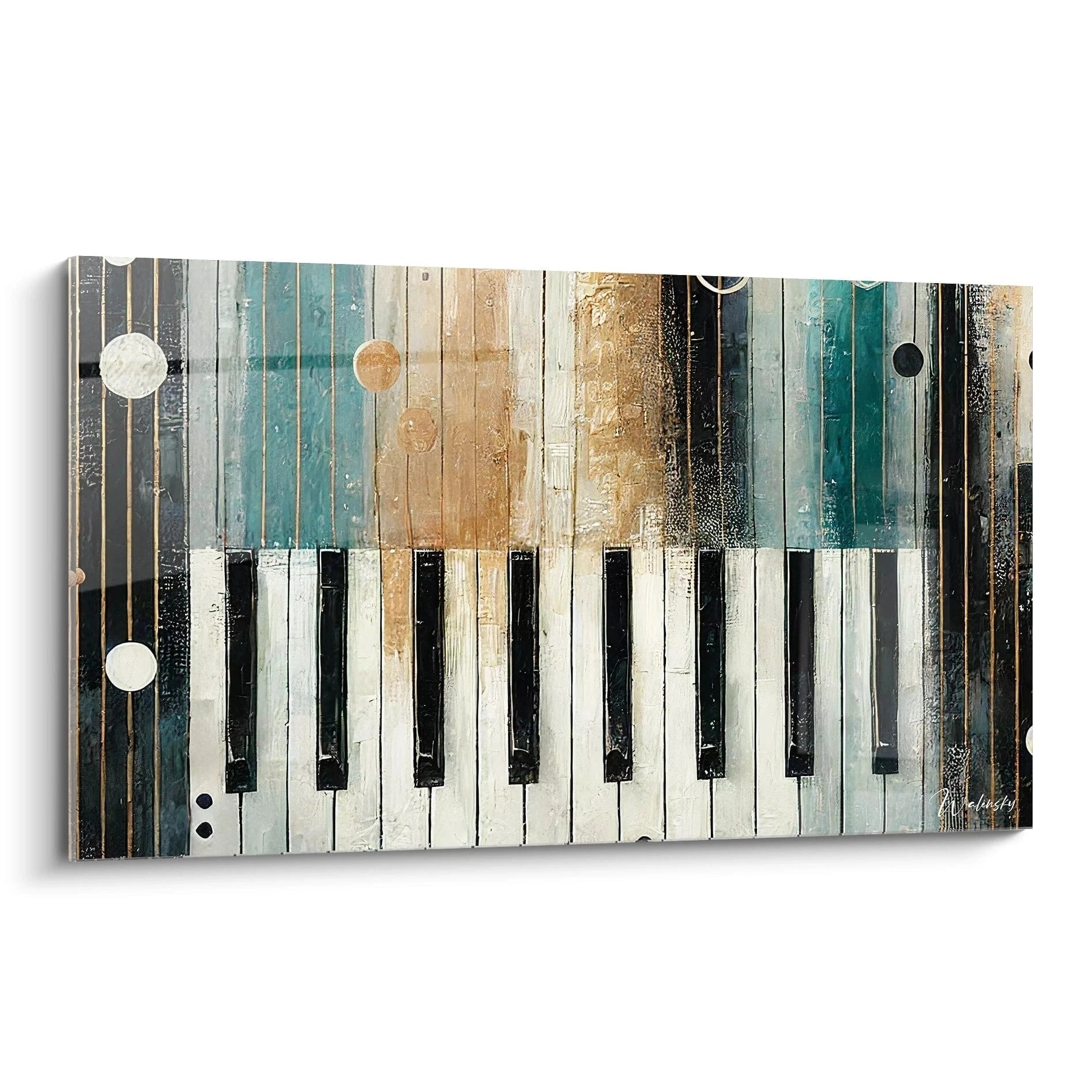 Découvrez 'Symphonie en Abstraction', une œuvre artistique aux touches de piano mêlées à des nuances de turquoise, beige et gris. Texture et relief garantis pour sublimer votre intérieur."