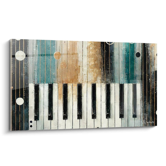 Découvrez 'Symphonie en Abstraction', une œuvre artistique aux touches de piano mêlées à des nuances de turquoise, beige et gris. Texture et relief garantis pour sublimer votre intérieur."
