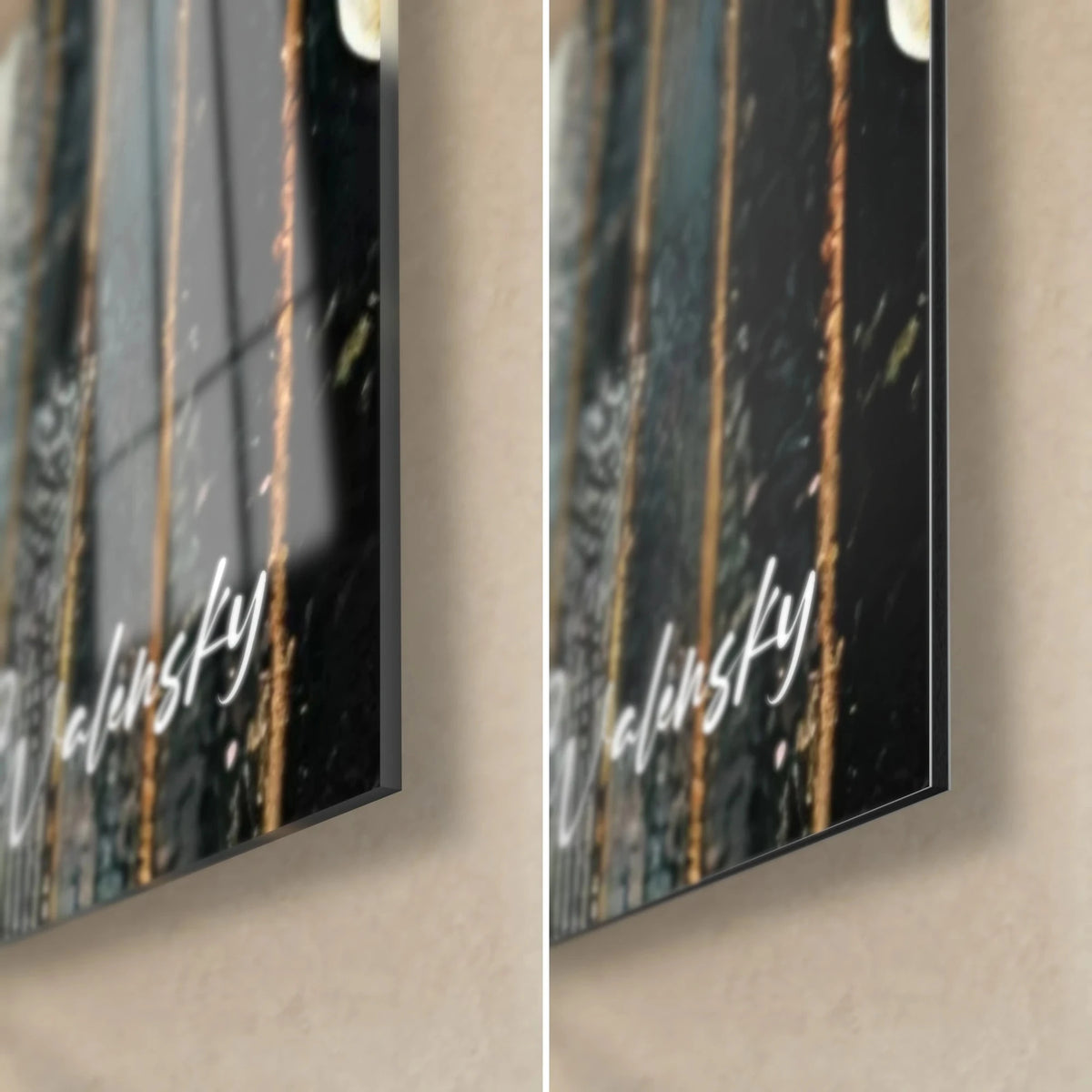 Gemälde abstraktes Klavier in Blaugrün und Schwarz, untere rechte Ecke: glänzendes Acrylglas links, mattes Dibond-Aluminium rechts, 3 mm Kantenstärke