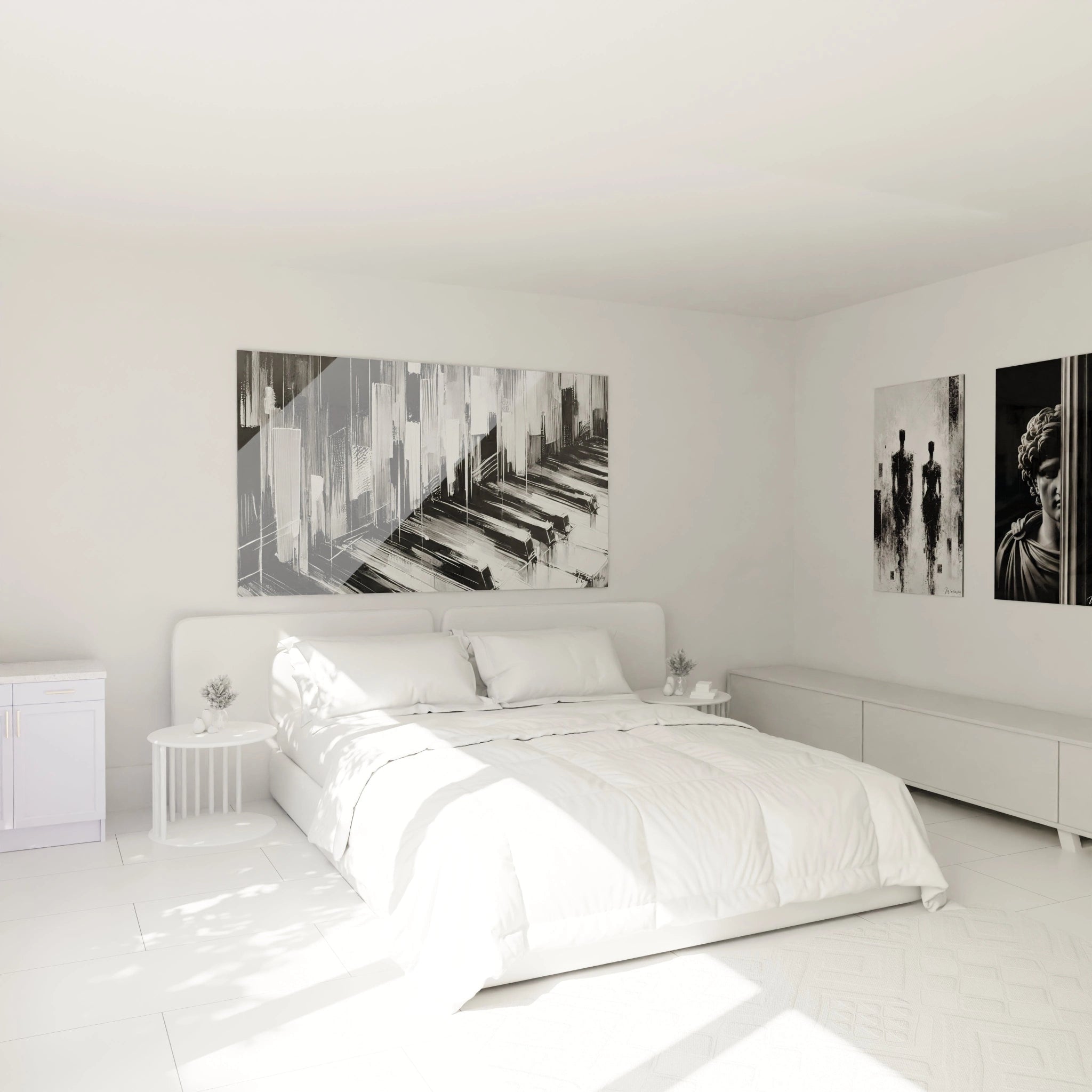 tableau noir et blanc abstrait au-dessus du lit ambiance musicale douce harmonie visuelle noir et blanc touches de piano lignes ascendantes et descendantes apportant equilibre et dynamisme a la chambre


