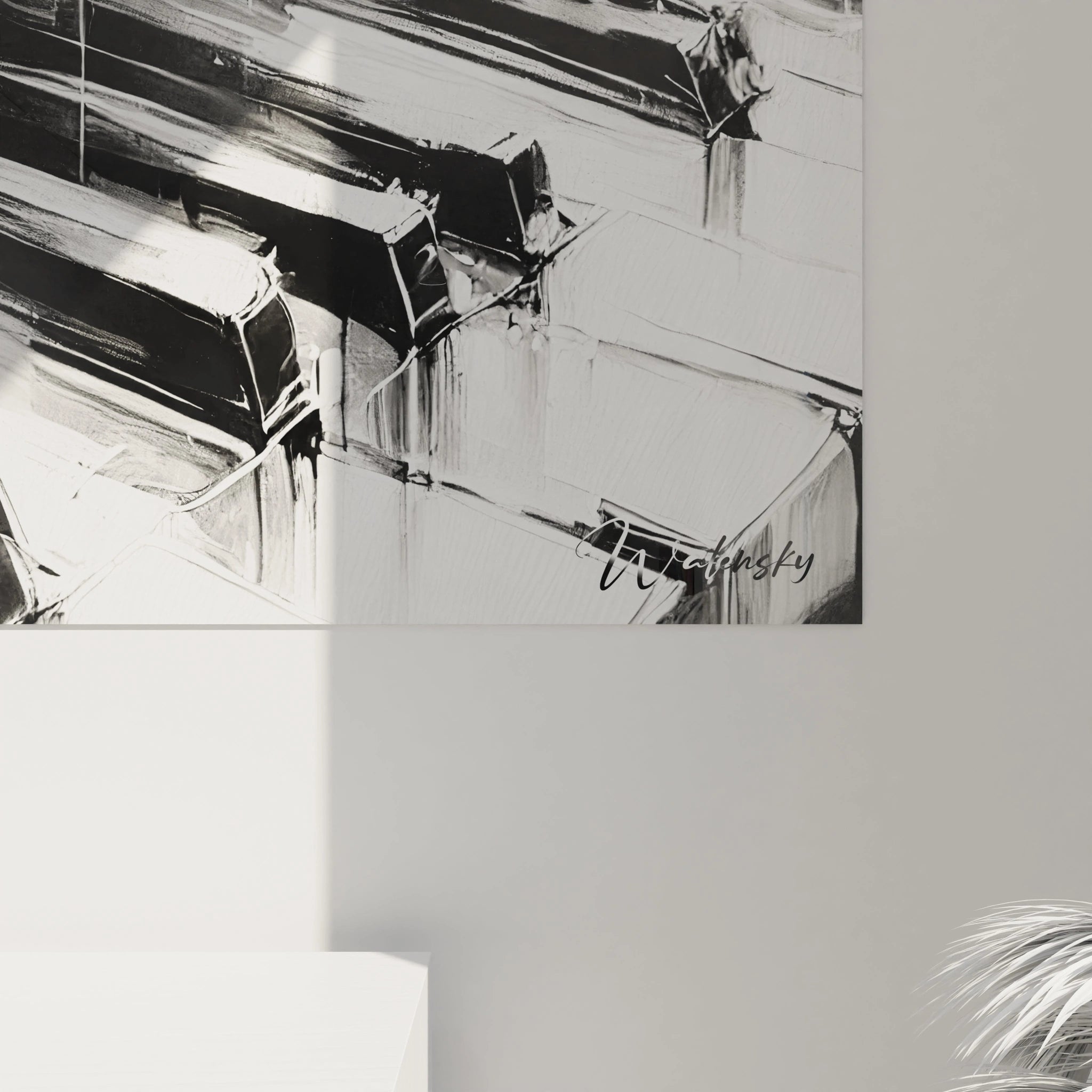 vue de pres du tableau noir et blanc abstrait details des textures coups de pinceau fins et flous rappelant les mouvements rythmiques des mains sur les touches energie musicale en noir blanc et gris







