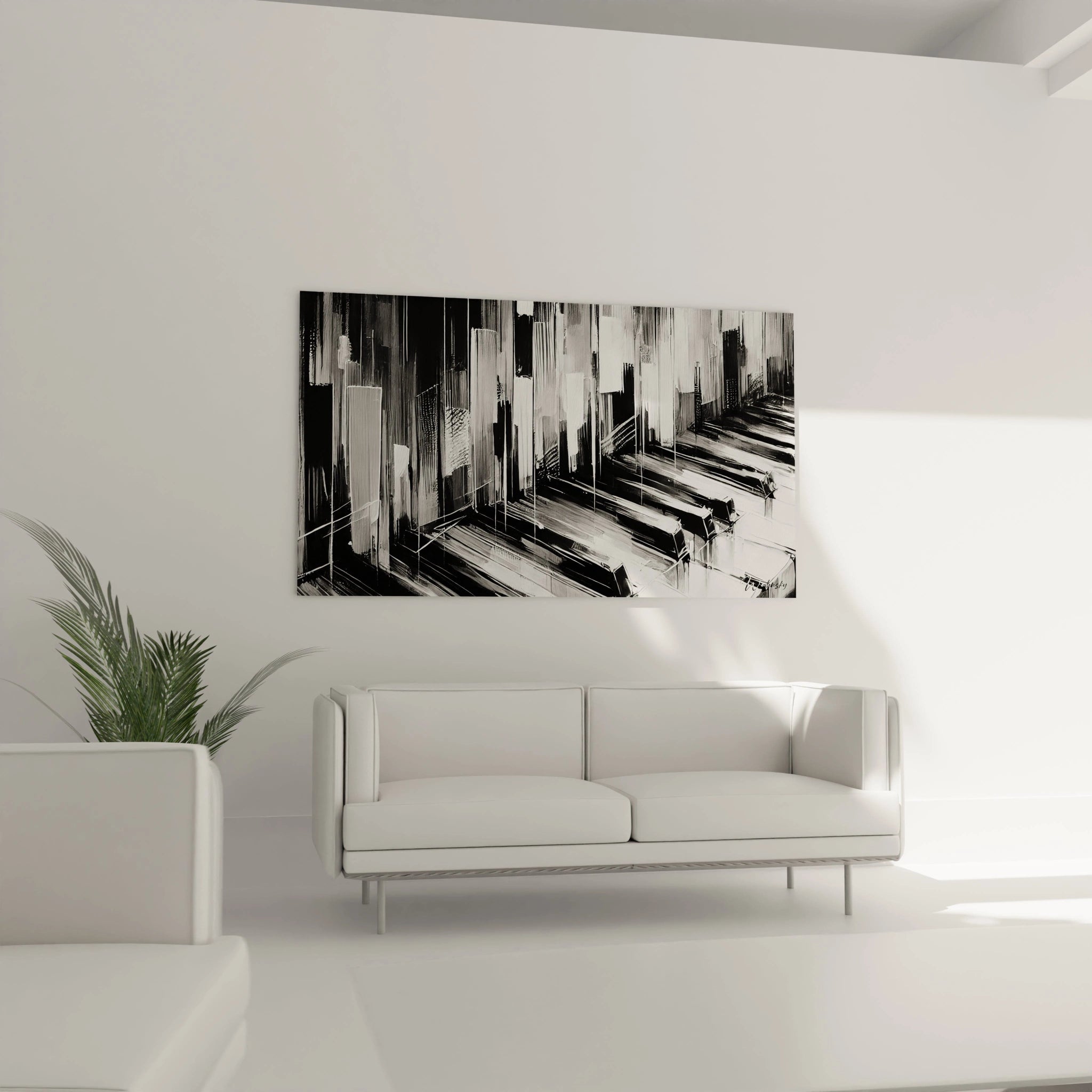 tableau noir et blanc abstrait au-dessus du canape salon contemporain lignes geometriques noires et blanches energie du piano sensation de rythme musical ideal pour apporter une touche artistique subtile et moderne


