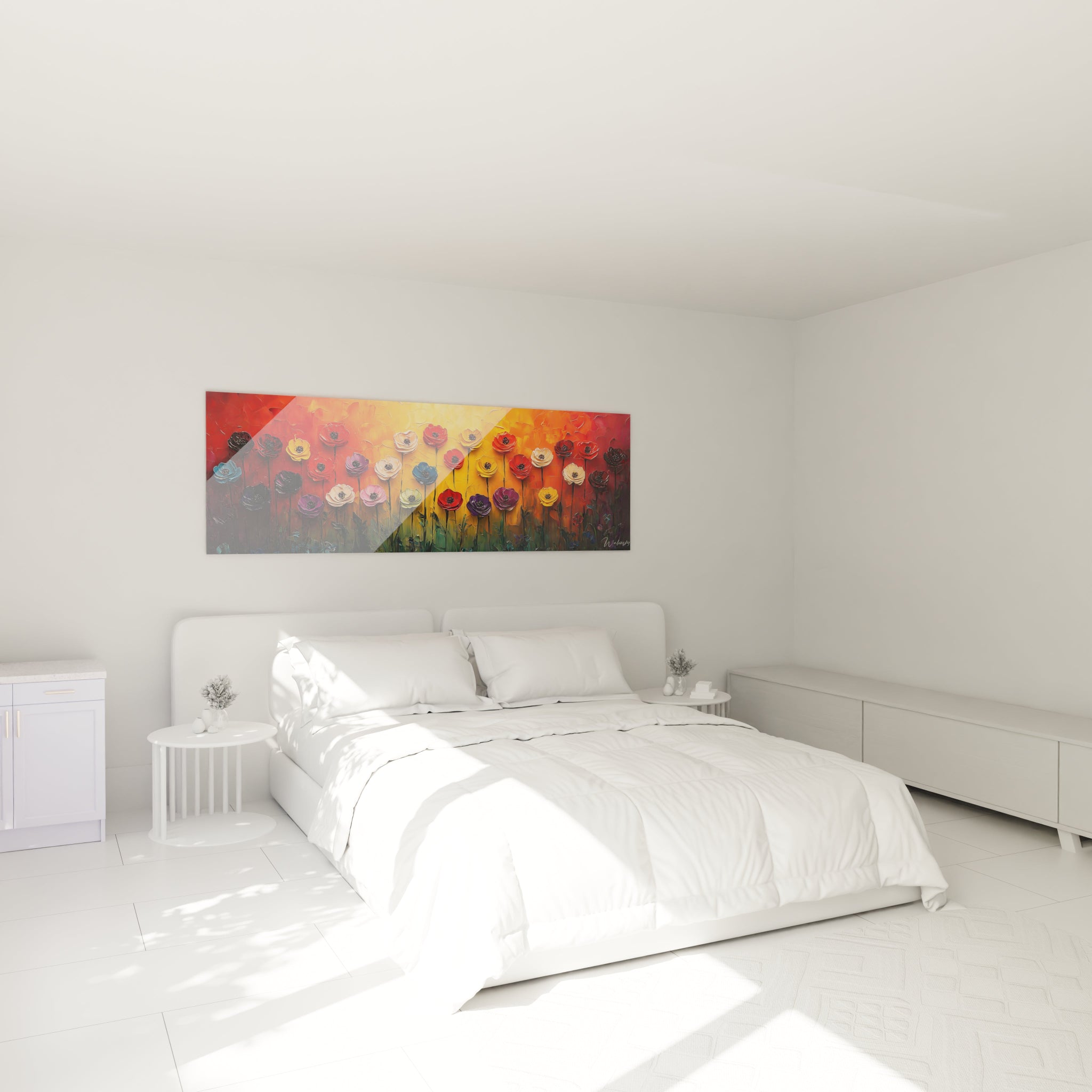 Un tableau fleurs en relief aux couleurs vibrantes alignant des fleurs rouges, violettes, bleues et jaunes sur un arrière-plan incandescent de rouge-orangé, avec texture prononcée et technique d'empâtement créant un effet sculptural.
