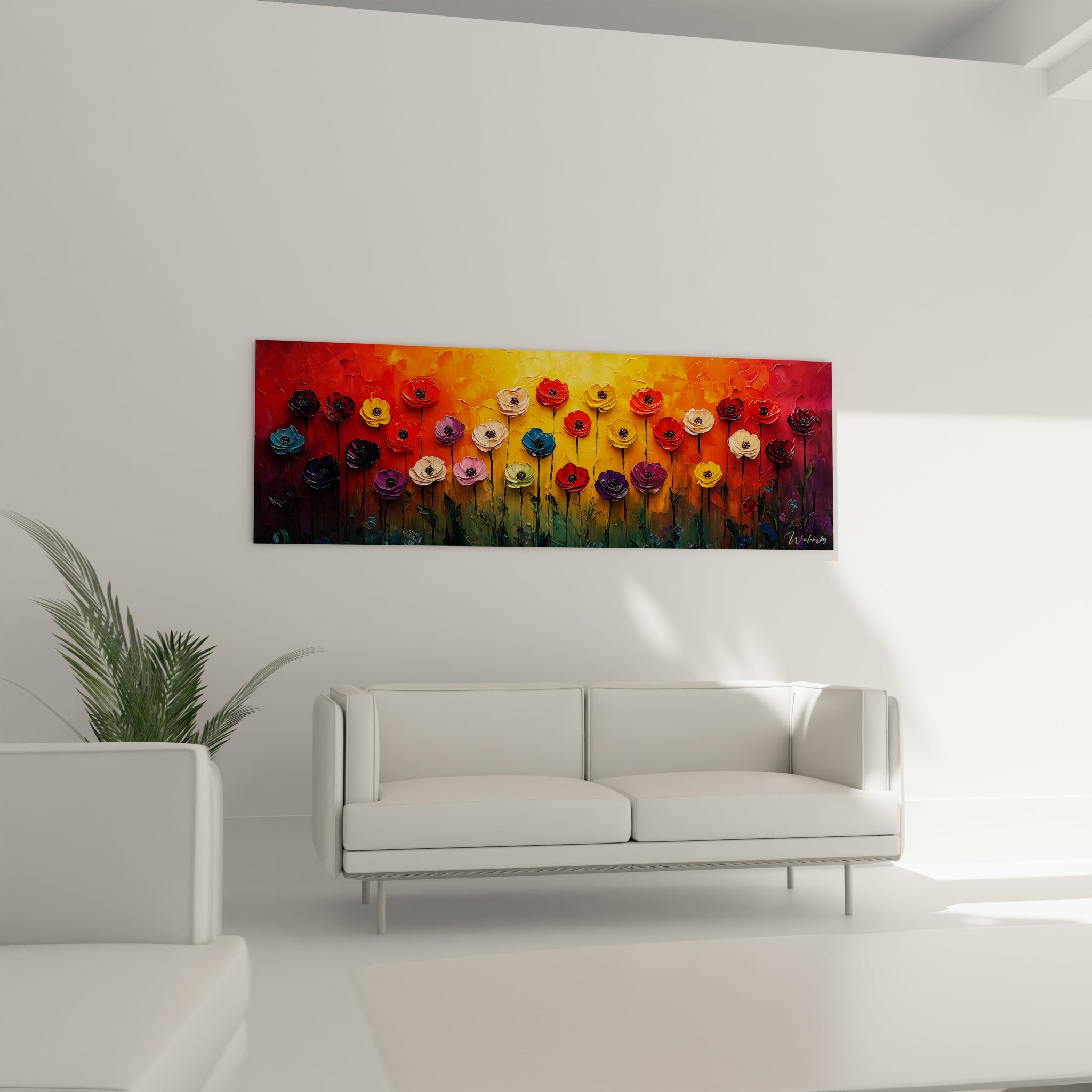 Un tableau fleurs colorées évoquant un coucher de soleil avec rangées de coquelicots texturés aux pétales épais, alternant teintes chaudes et froides sur fond dégradé flamboyant, offrant une composition équilibrée et dynamique.
