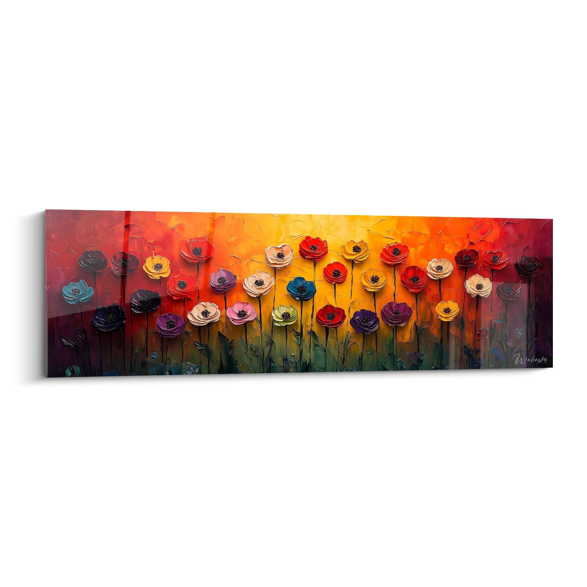 Un tableau fleurs multicolores texturé présentant des coquelicots en relief sur fond dégradé rouge-orange-jaune, avec des tiges vertes et des centres noirs contrastants, créant un effet tridimensionnel saisissant.
