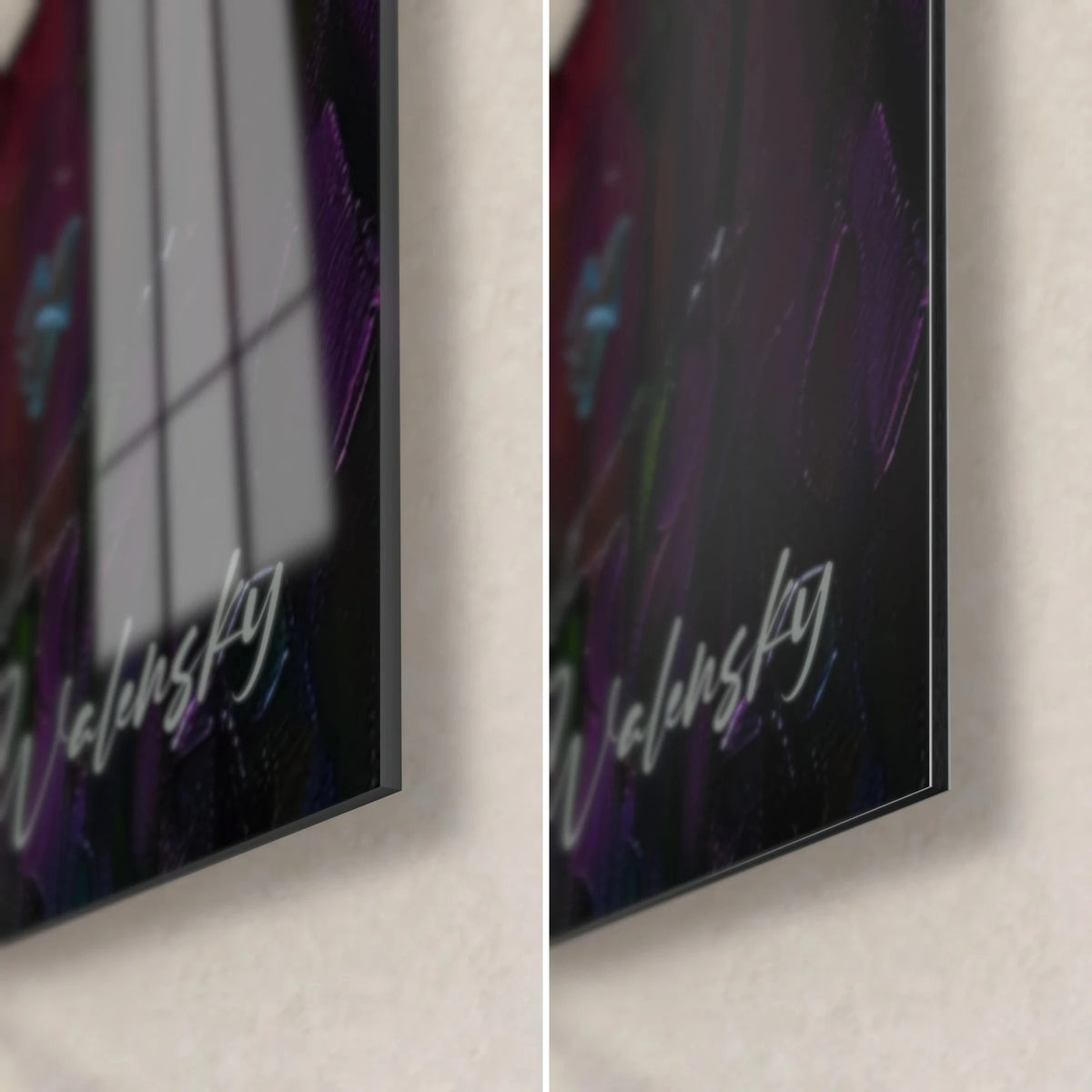 Quadro di papavero viola con cuore nero, angolo in basso a destra, vetro lucido che riflette la finestra e Dibond opaco, spessore 3 mm