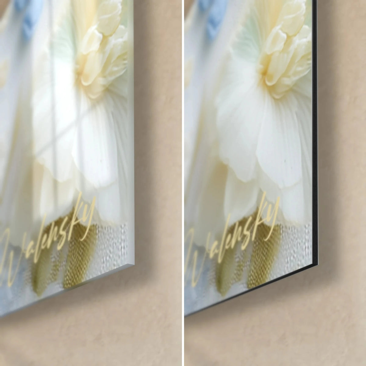 Wall art butterflies in relief, bottom right corner: ivory flower under glossy glass on the left, matte black Dibond aluminum on the right