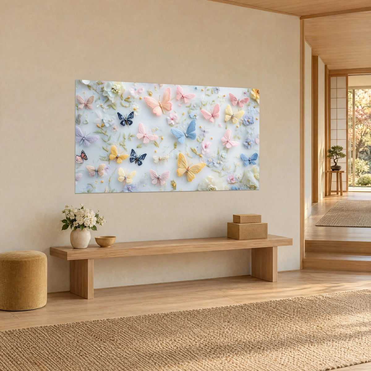Wall art swarm of winged insects in crocheted thread, sky blue and apricot wings, ivory flowers, three-quarter view in the hallway