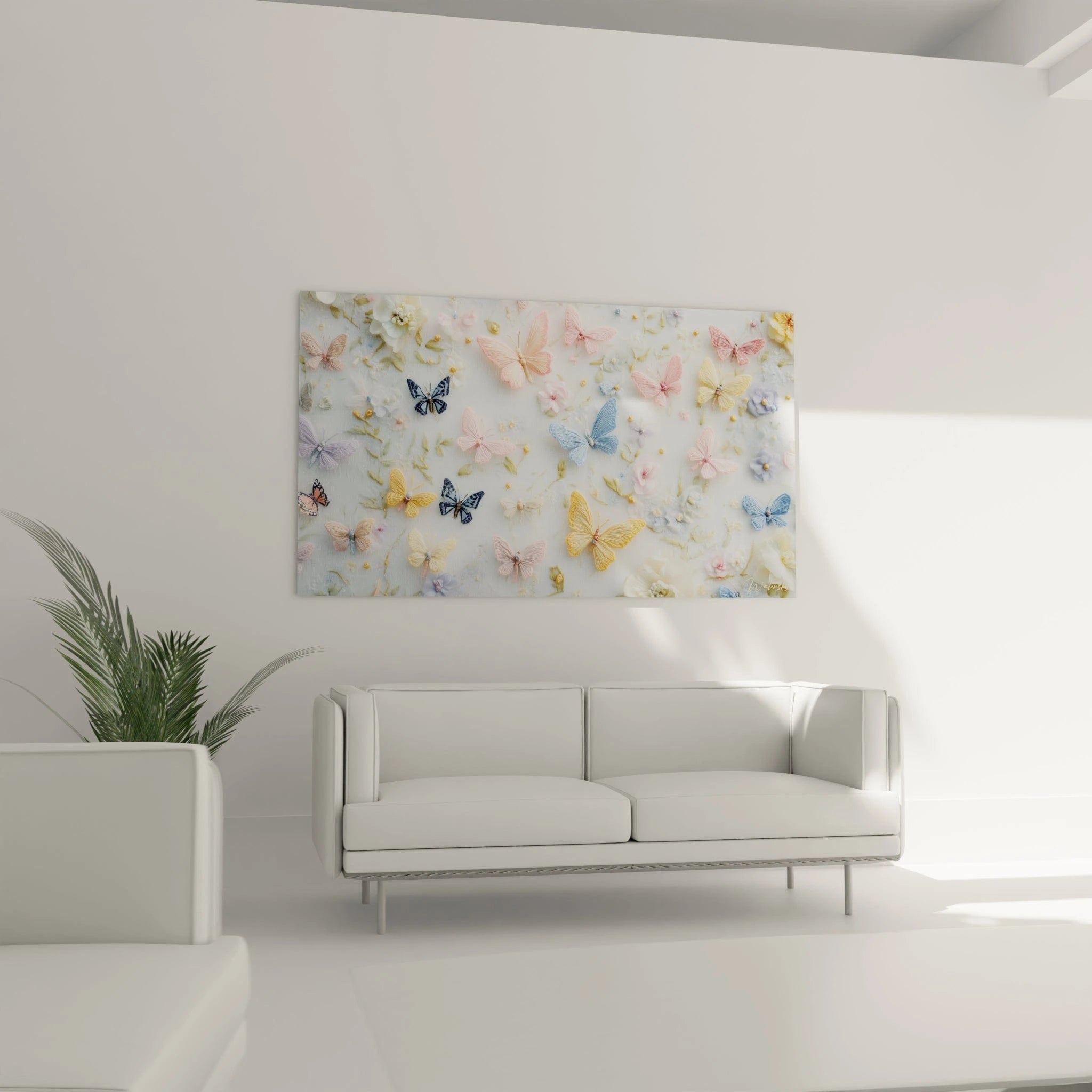 Un tableau papillons textile affichant une collection de créations en fils colorés, où dominent les teintes pastel de rose, bleu et jaune, chaque spécimen étant minutieusement travaillé avec des détails de texture en relief sur fond clair.
