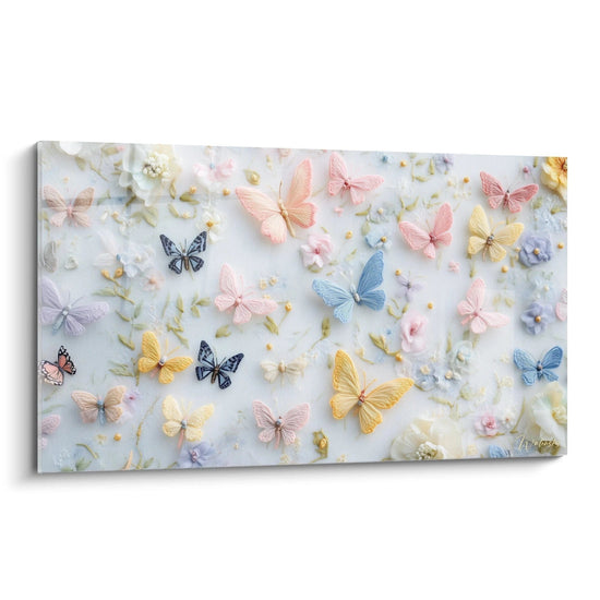 Un quadro farfalle in ricamo che mostra diverse specie colorate su fondo bianco azzurrognolo, con farfalle rosa, gialle e blu in rilievo, e delicati fiori disseminati tra le creazioni tessili tridimensionali.
