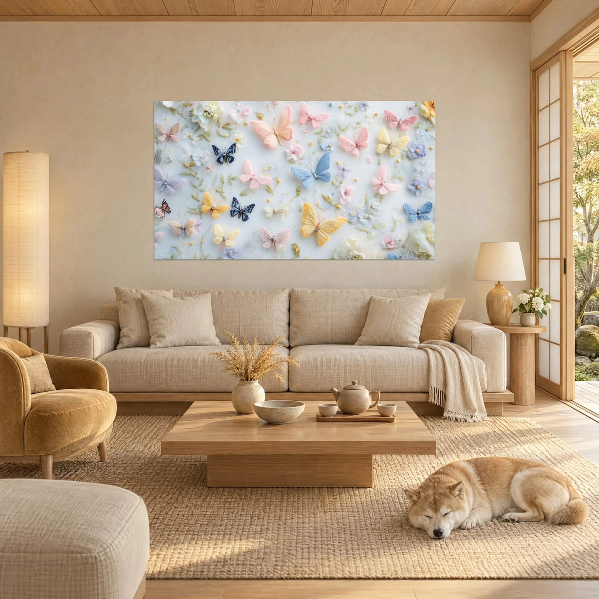 Wall art embroidered butterflies in pastel pink and yellow on light canvas, sleeping Shiba, above a sofa in a bright living room