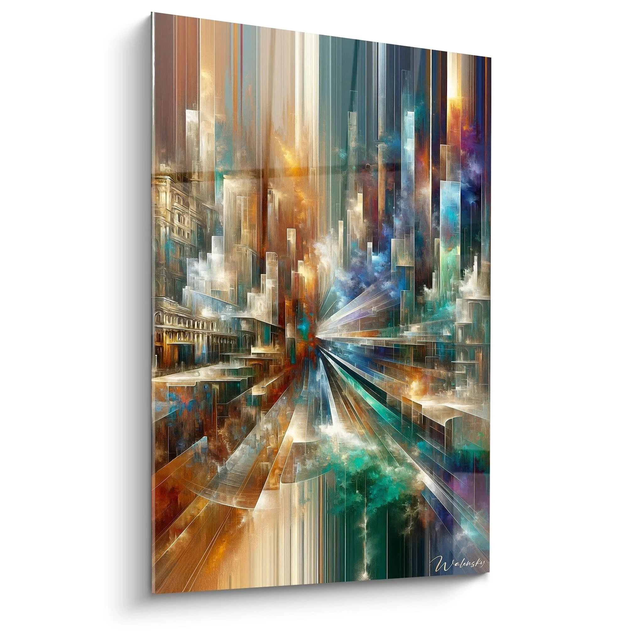 Un tableau abstrait de paysage urbain en perspective accélérée. Dominé par des teintes brun cuivré, turquoise, bleu électrique et or. La texture présente des bandes verticales formant des gratte-ciels stylisés, avec une forte perspective centrale qui crée un effet de vitesse et de profondeur, combinant structures architecturales géométriques et zones vaporeuses comme des nuages colorés.
