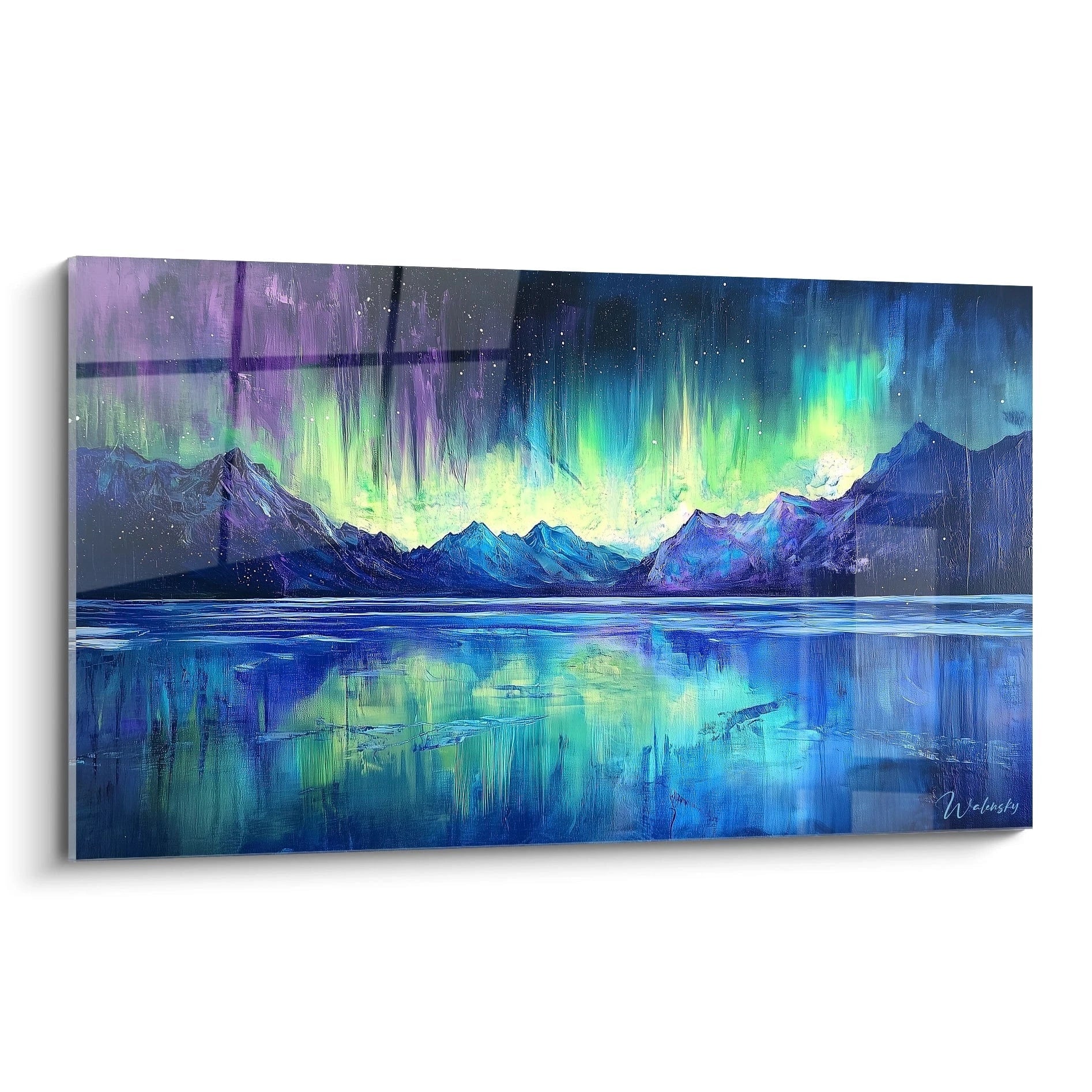 Tableau aurore boréale représentant des montagnes avec reflets sur un lac, dominé par des teintes bleues, vertes et violettes avec des textures de peinture créant un effet de mouvement vertical lumineux.

