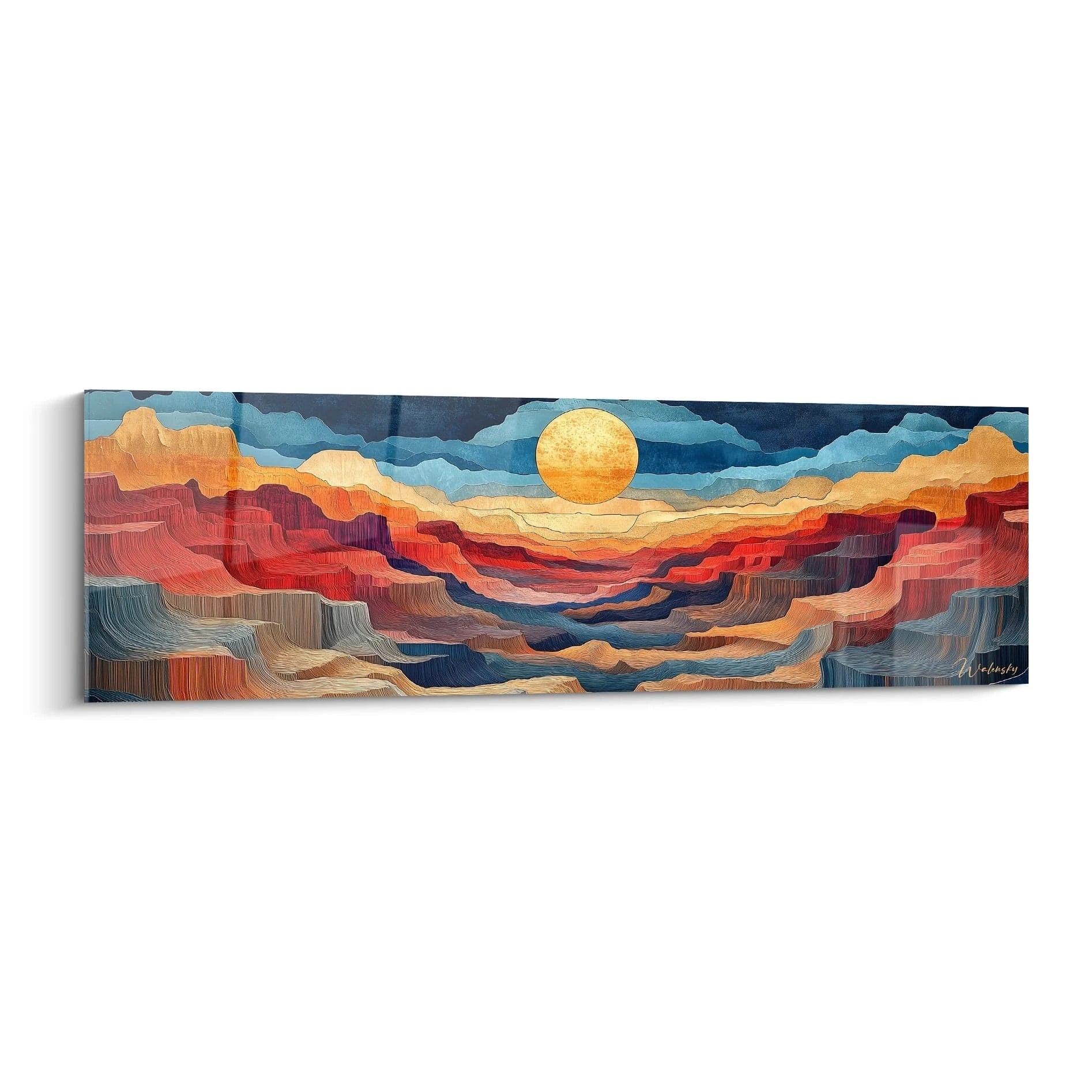 Un tableau canyon artistique présentant des strates géologiques colorées en rouge et orange sous un ciel bleu profond, avec un soleil doré parfaitement rond à l'horizon, créant un effet de profondeur par des lignes ondulantes superposées.
