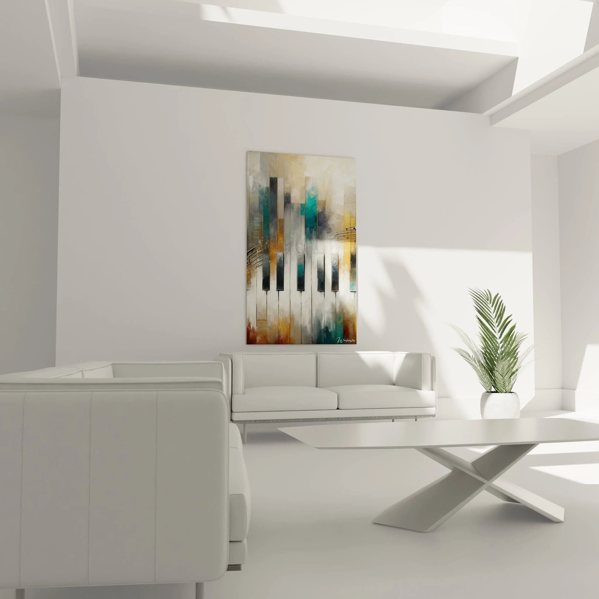 Tableau abstrait montrant un clavier musical stylisé évoluant en skyline. Spectre chromatique de blanc ivoire, gris bleuté, turquoise profond et doré métallique. Effet visuel de transition entre l'instrument de musique et silhouettes d'immeubles. Structure rythmique avec alternance de formes rectangulaires et touches de couleurs créant une harmonie entre univers musical et architectural.

