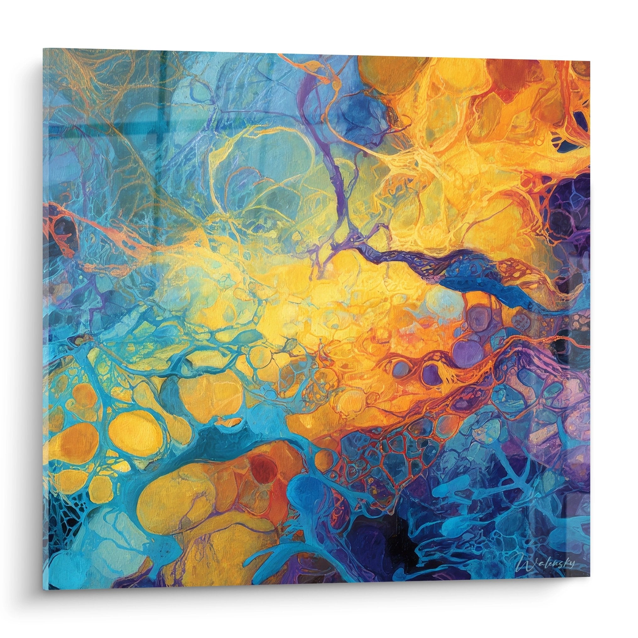 Tableau synapse neuronale abstraite aux couleurs vives jaunes et bleues représentant connexions cérébrales