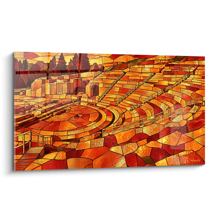 Schilderij Antiek amfitheater in oker- en rode tinten - Echo van de oude tribunes - Editie Syracuse Sicilië Italië