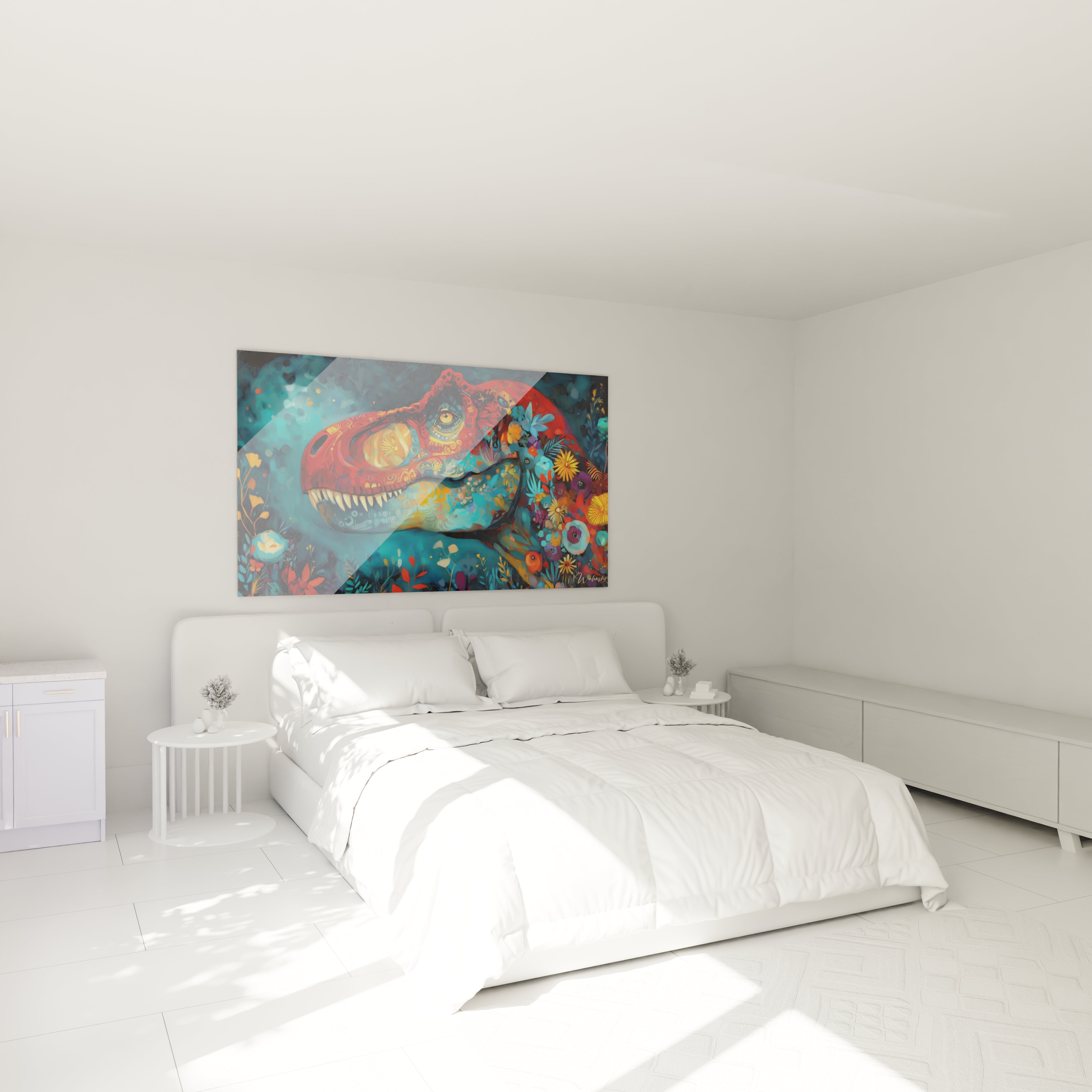 Tableau T-Rex coloré fleuri installé dans chambre moderne ambiance décoration murale dinosaure
