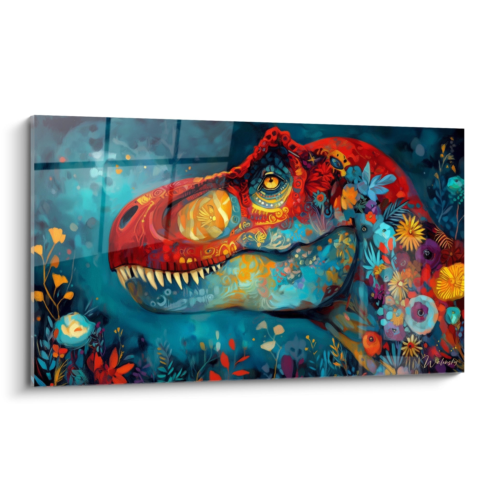 Tableau mural T-Rex fleuri coloré avec motifs floraux rouge et bleu pour décoration moderne