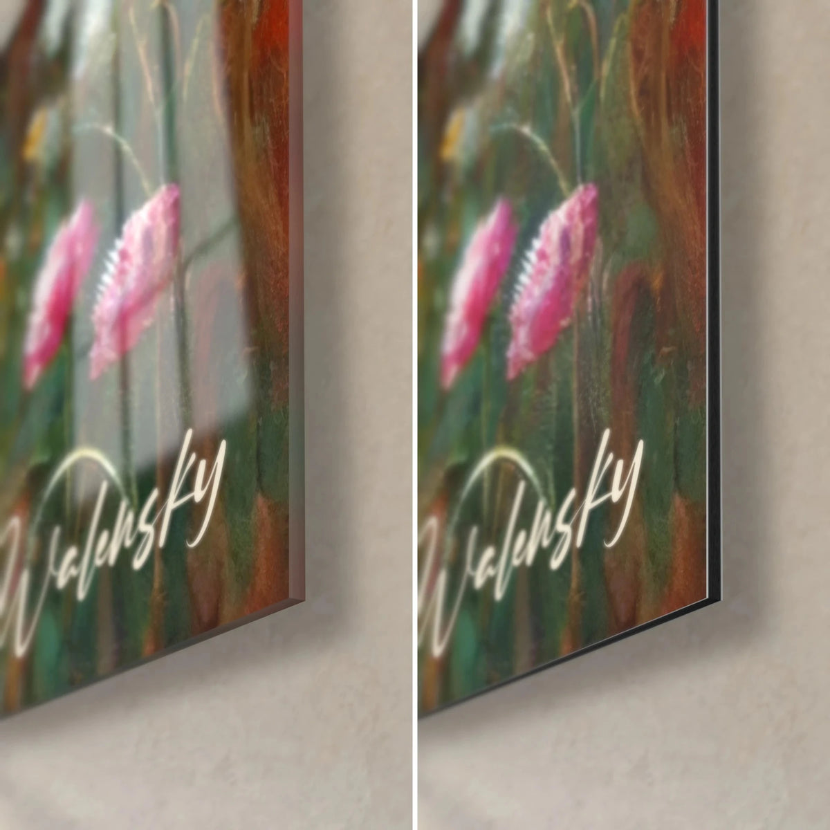 Gemälde rosa Fingerhut und grünes Laub, untere rechte Ecke: glänzendes Acrylglas links, mattschwarzes Dibond rechts, 3 mm Kante