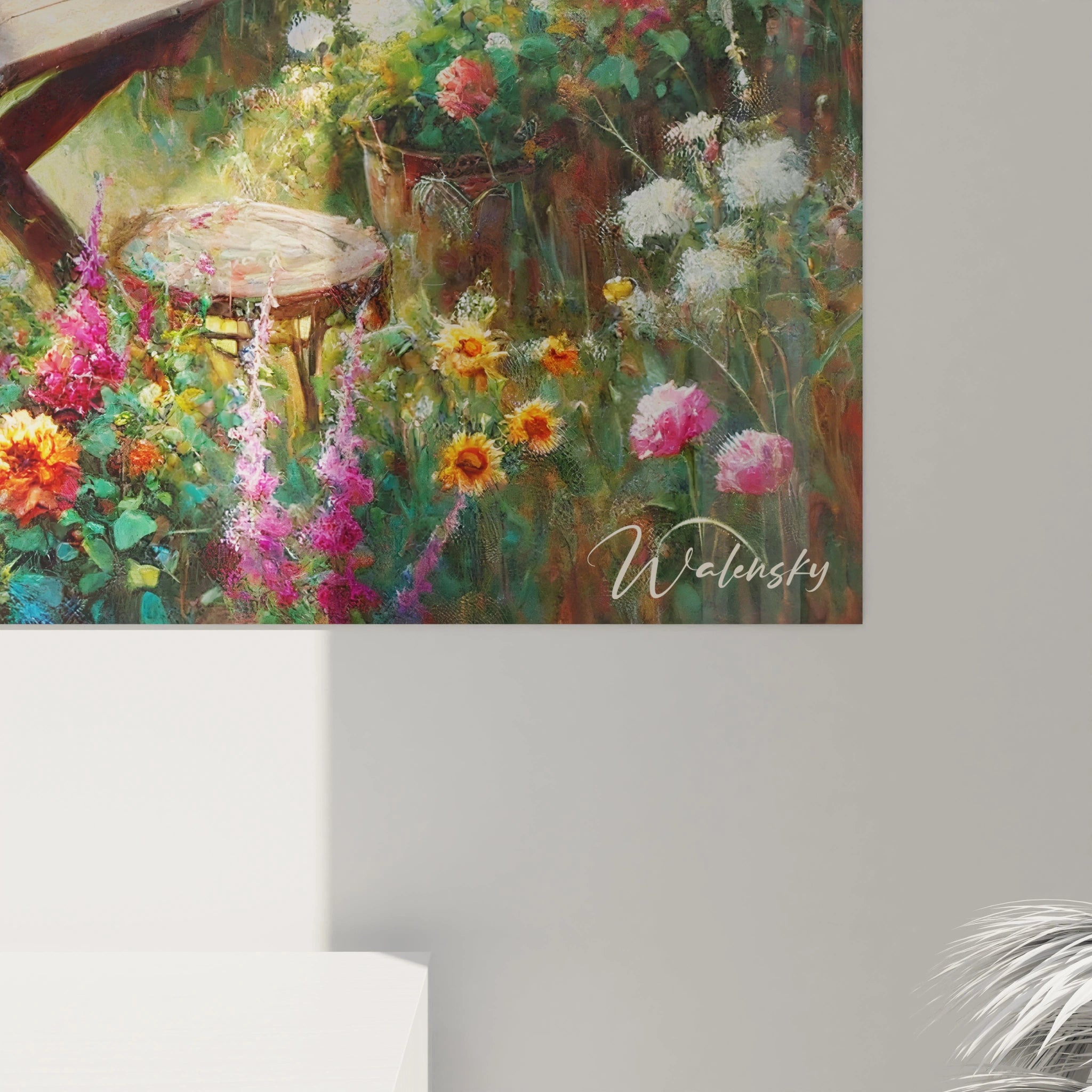Vue rapprochee du tableau jardin Revelant les textures et couleurs vives des fleurs sauvages Une composition impressionniste qui invite a la contemplation et au calme






