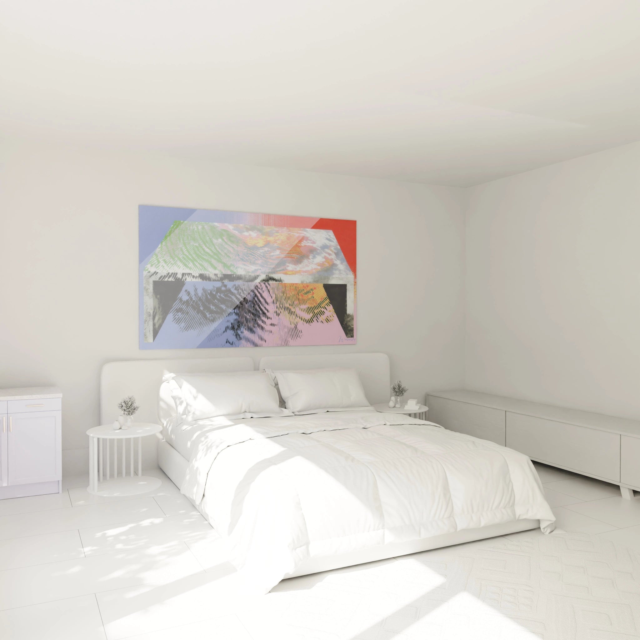 Chambre minimaliste blanche avec lit king et tableau mural coloré de Walensky tableau Op Art illusion mouvante au dessus du lit