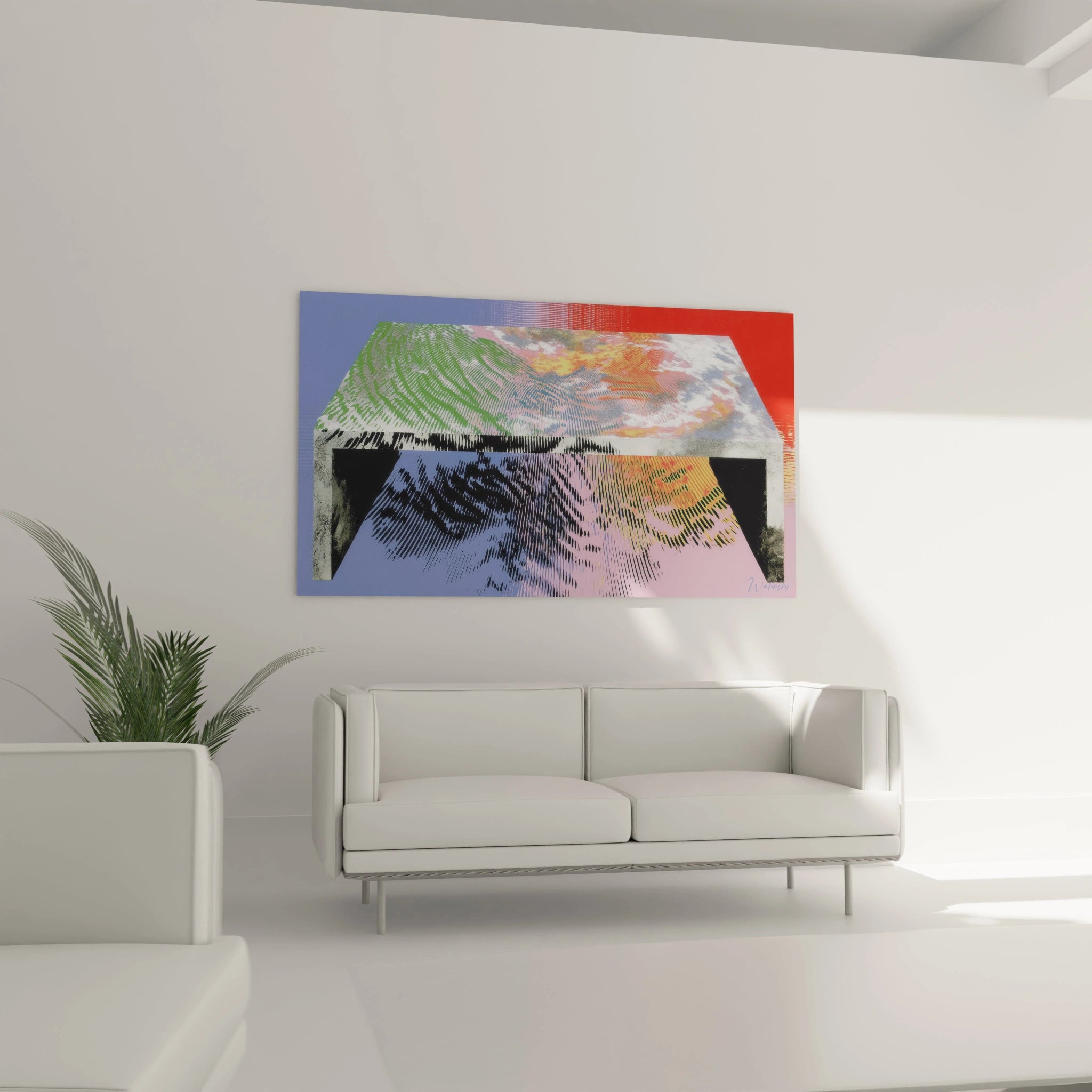tableau Op Art illusion mouvante Walensky mural abstrait multicolore au dessus d un canape blanc dans salon moderne